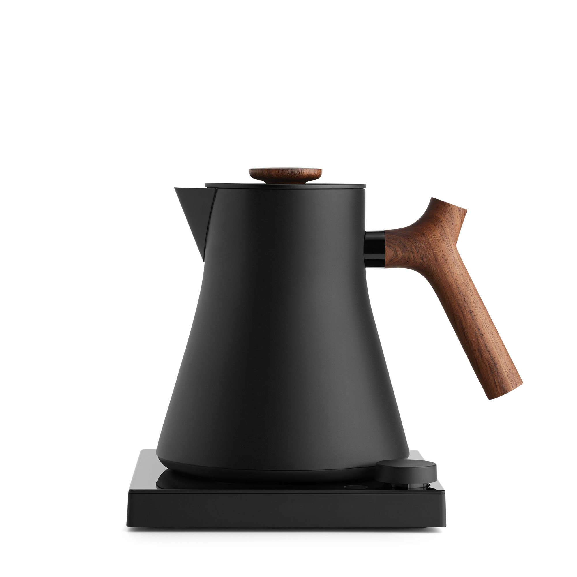 Matte black electric kettle with angular wooden handle and lid knob on a rectangular black base.