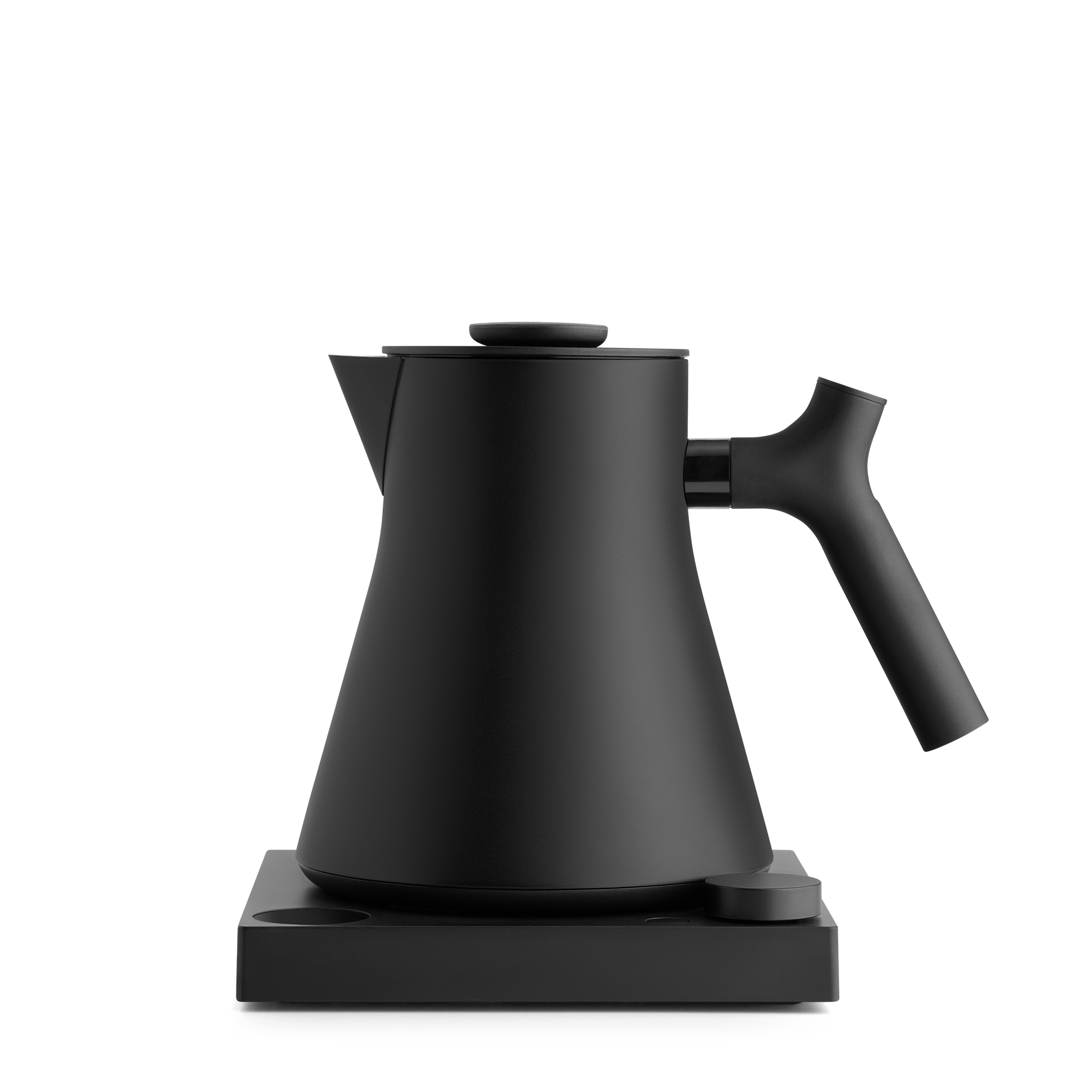 Matte black electric kettle with a tapered conical body, angled spout, and ergonomic handle on a matching square base.