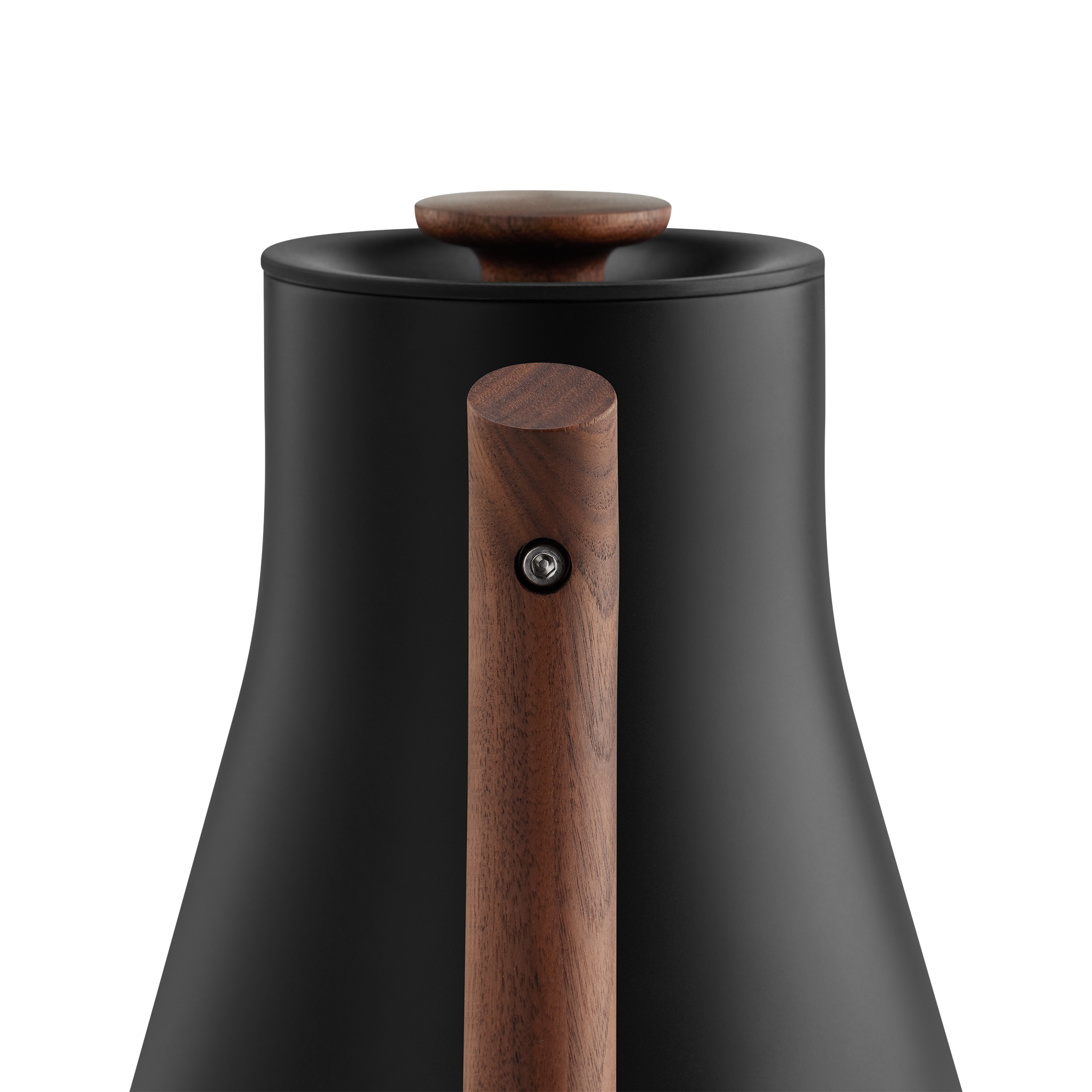 Matte black Corvo EKG Pro electric kettle with a tapered body and a wooden handle and lid knob.