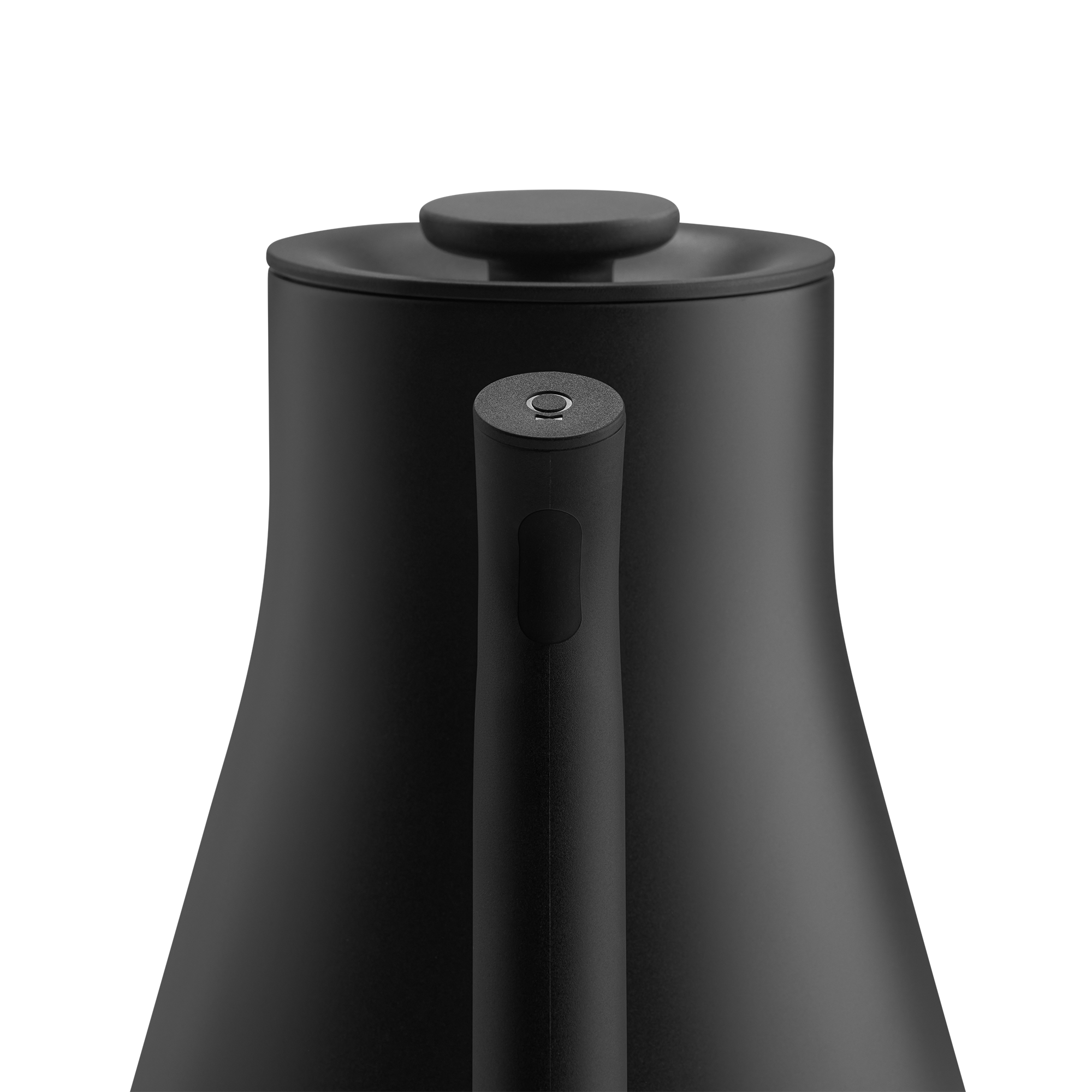Matte black electric kettle with a tapered body, long slim handle, and flat lid knob.