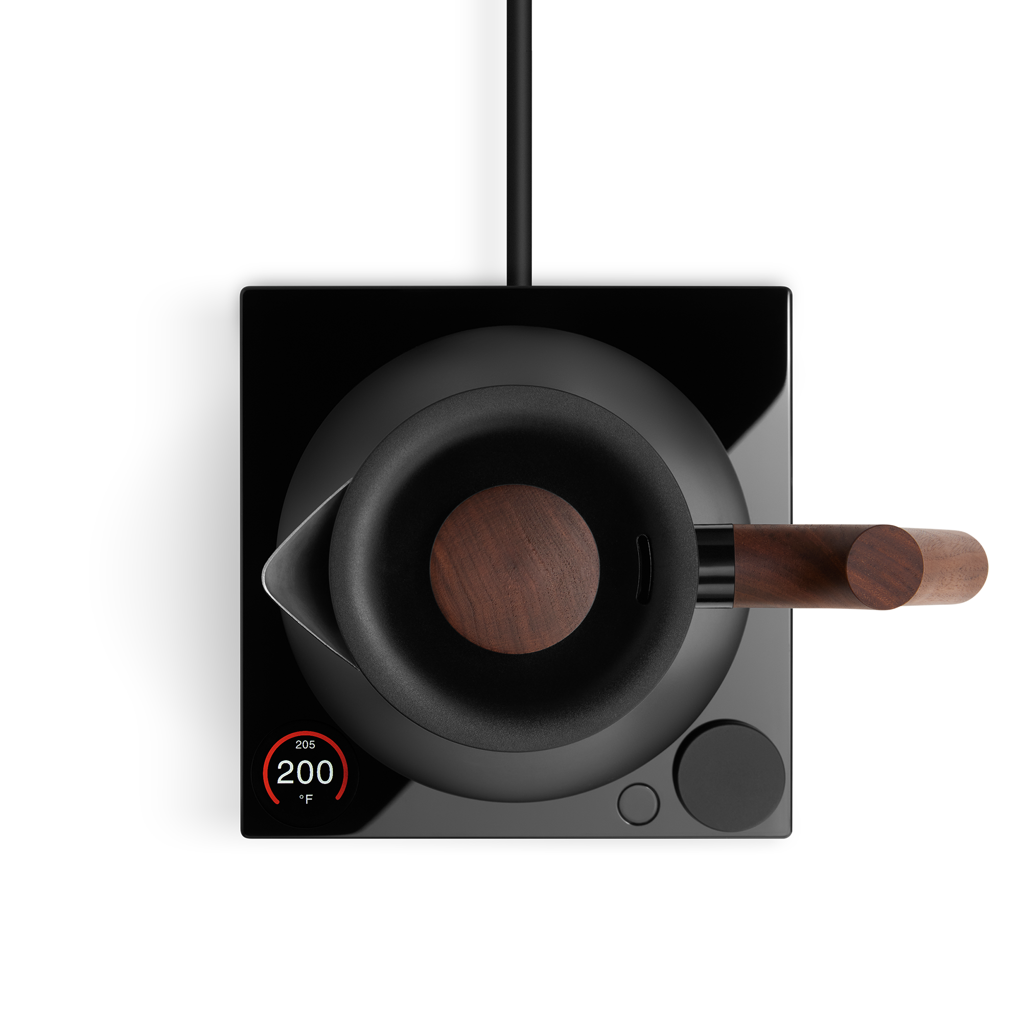 Matte black electric kettle with wooden handle and base on a glossy black induction plate with digital display.