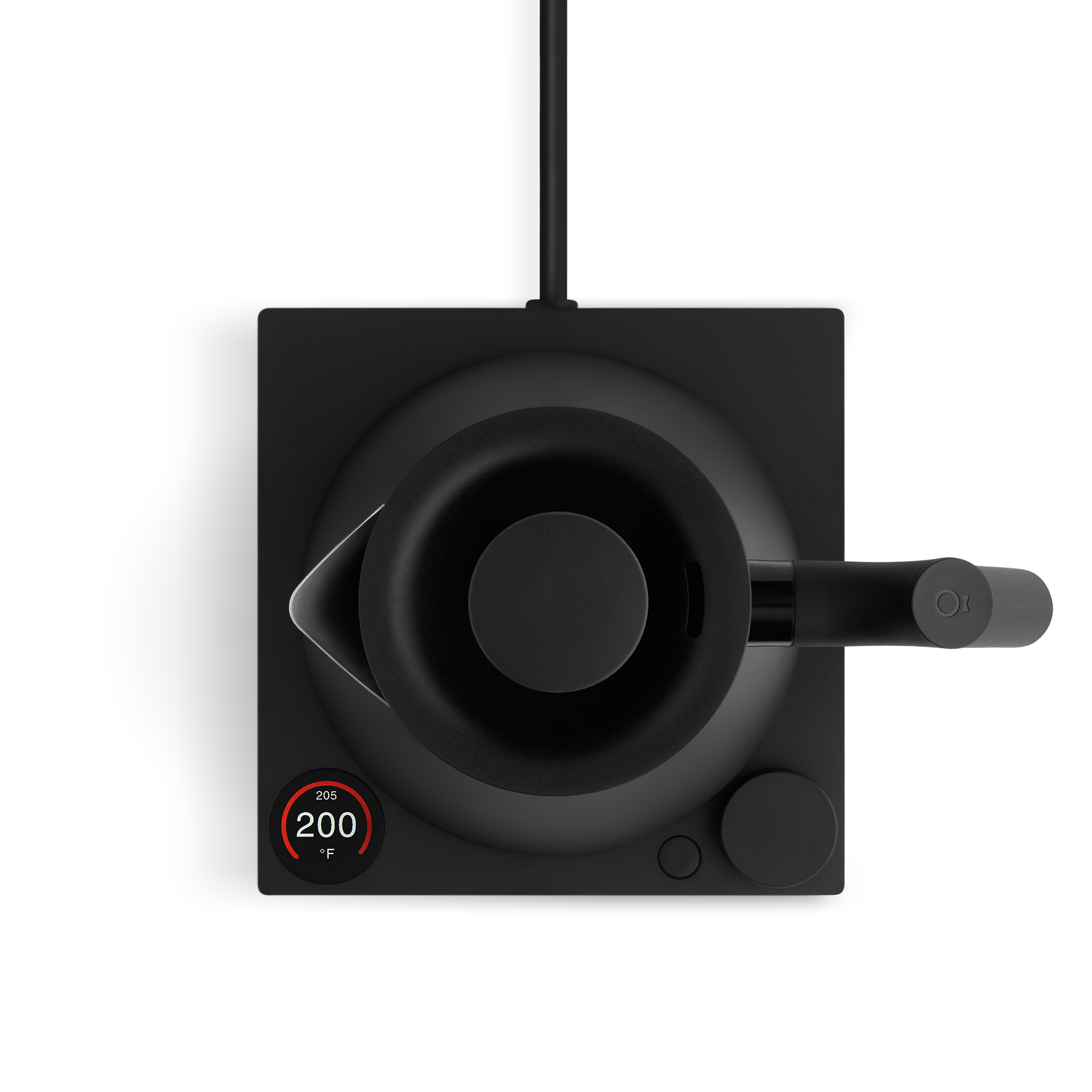Matte black electric kettle with minimalist round body, ergonomic handle, and digital temperature display on square base.