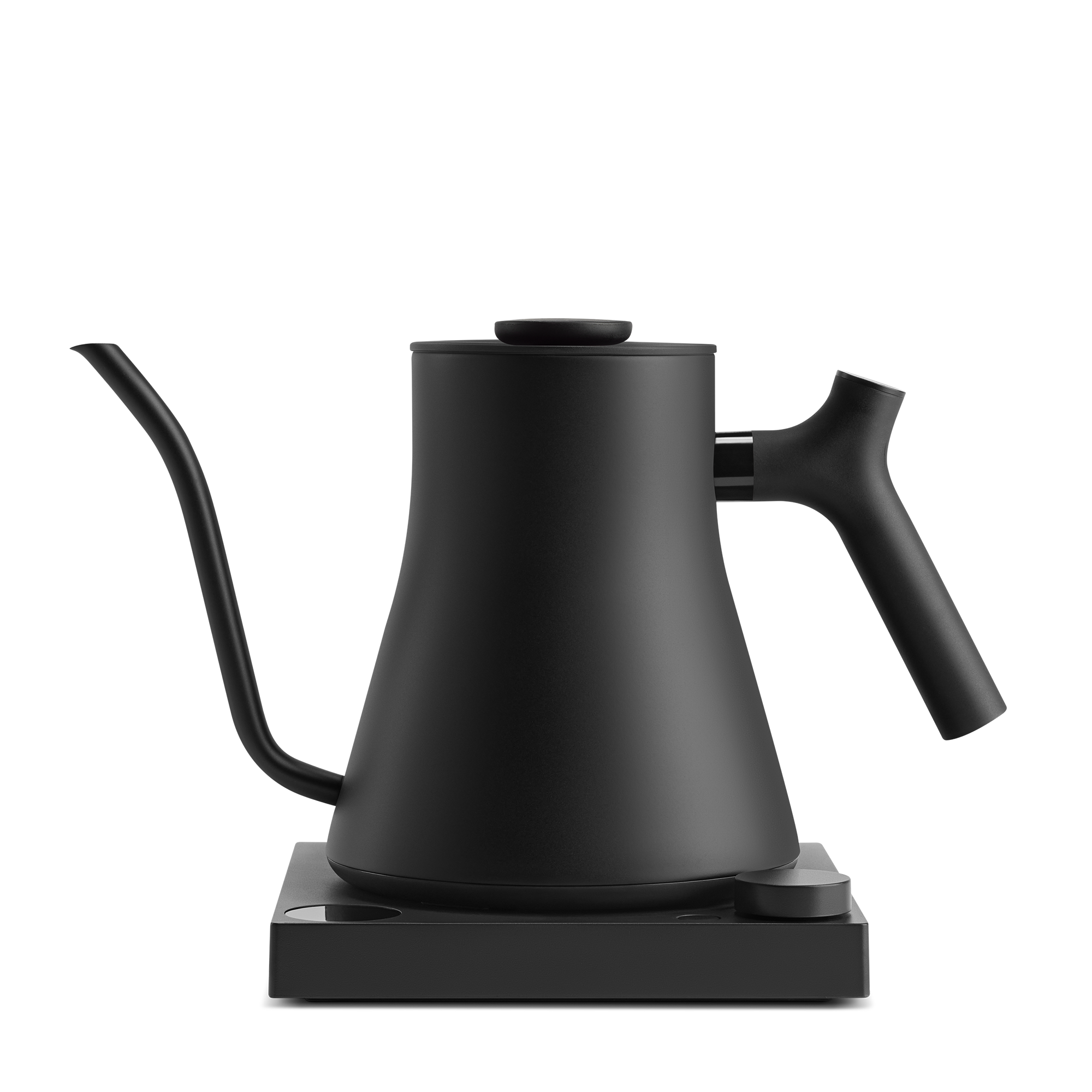 Matte black electric kettle with curved gooseneck spout and ergonomic handle on square base.