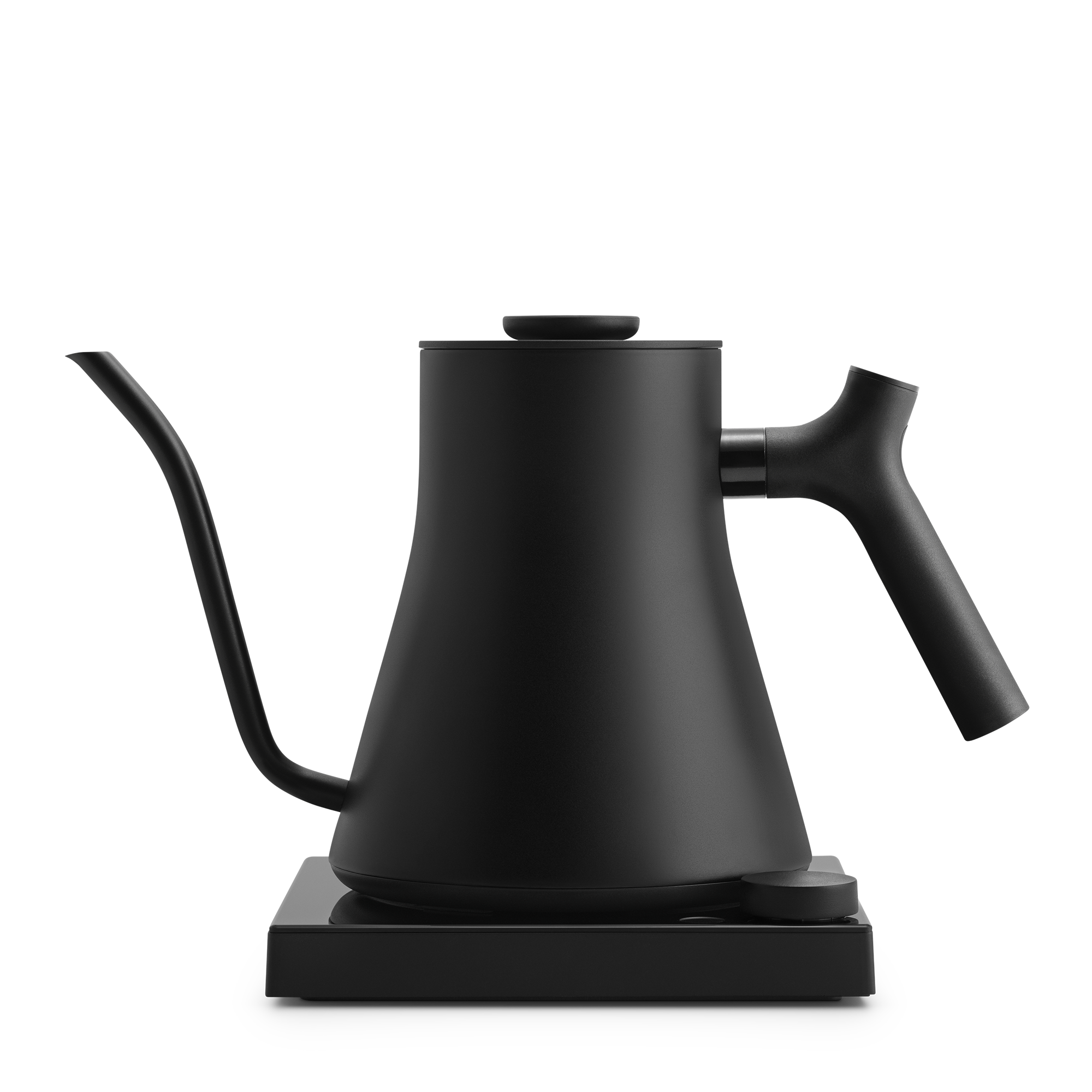 Matte black electric kettle with a gooseneck spout and angled handle on a square base.
