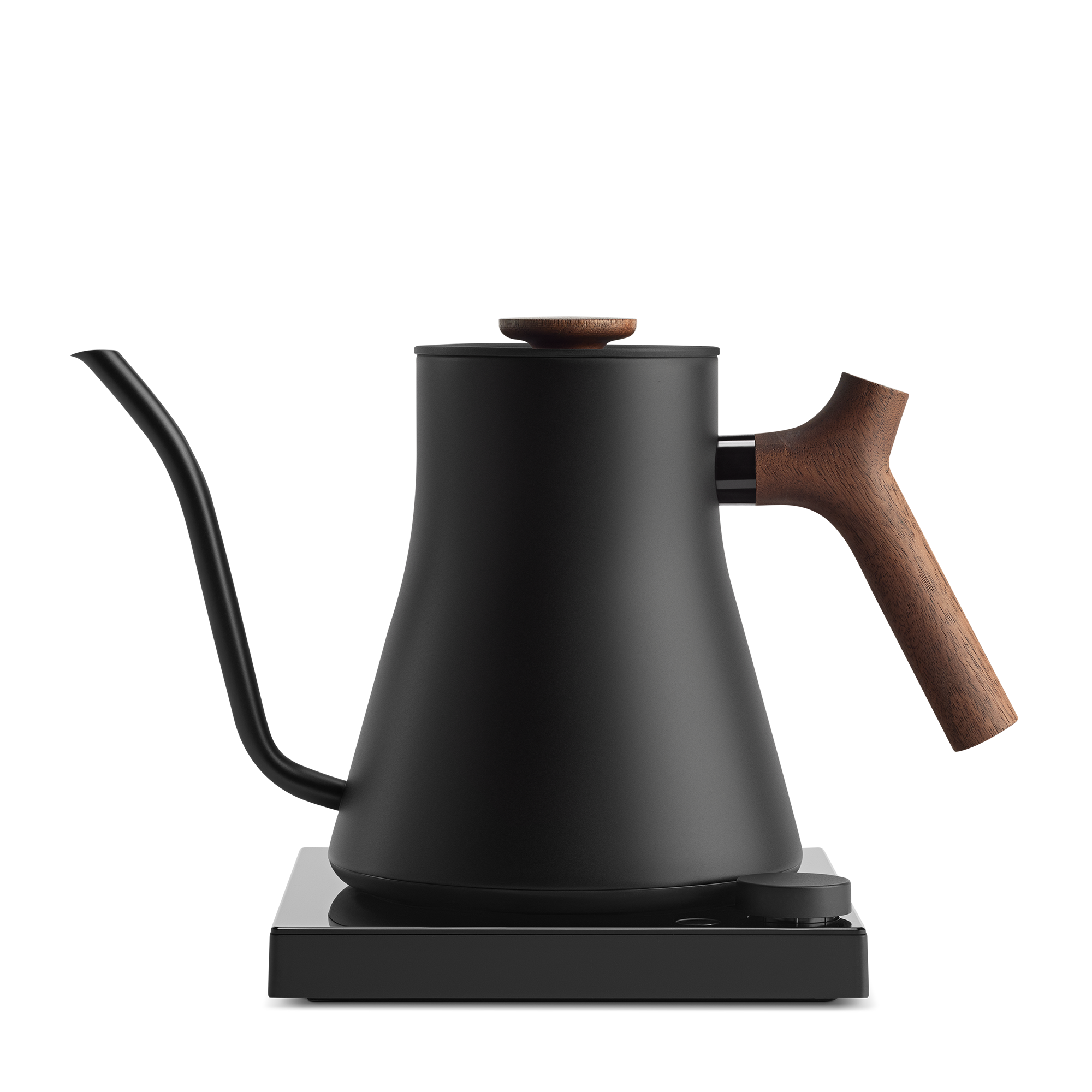 Matte black electric kettle with a slender gooseneck spout and a wooden handle and lid knob on a square base.