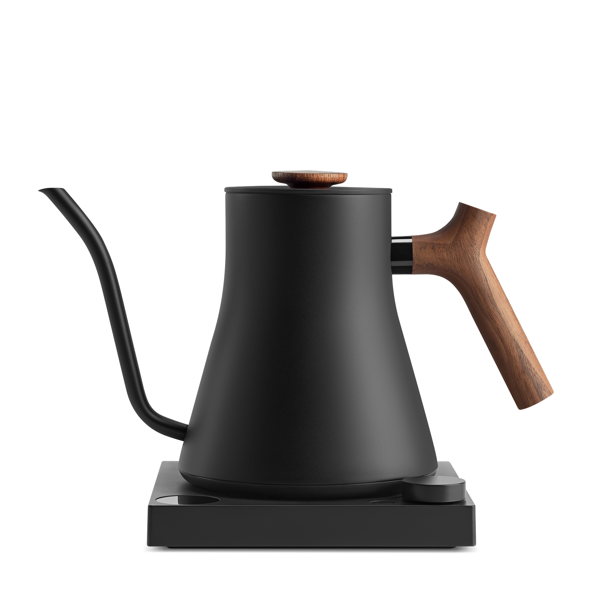 Matte black electric kettle with a wooden handle and lid knob, featuring a slender gooseneck spout, sitting on a square.