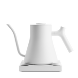 Matte white electric kettle with a gooseneck spout, angled handle, and rectangular base.
