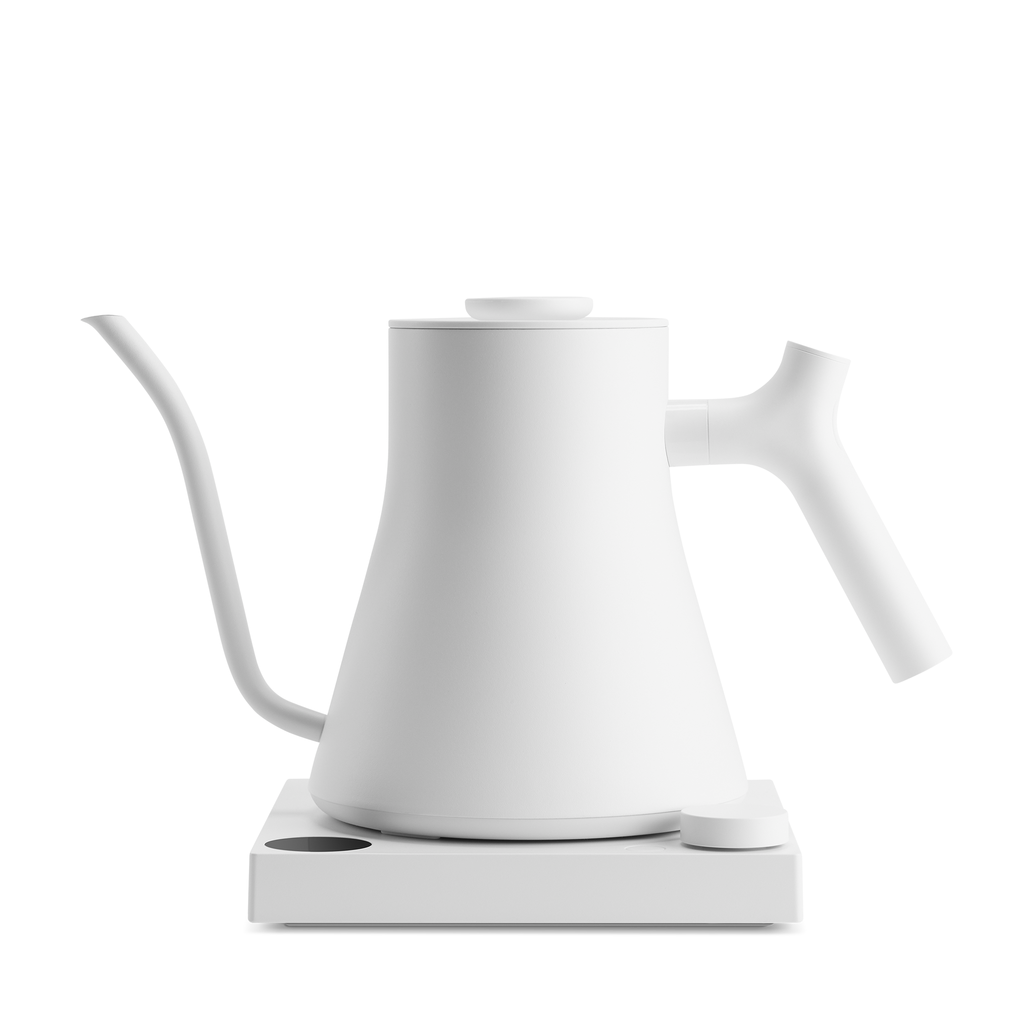 Matte white electric kettle with a gooseneck spout, angled handle, and rectangular base.