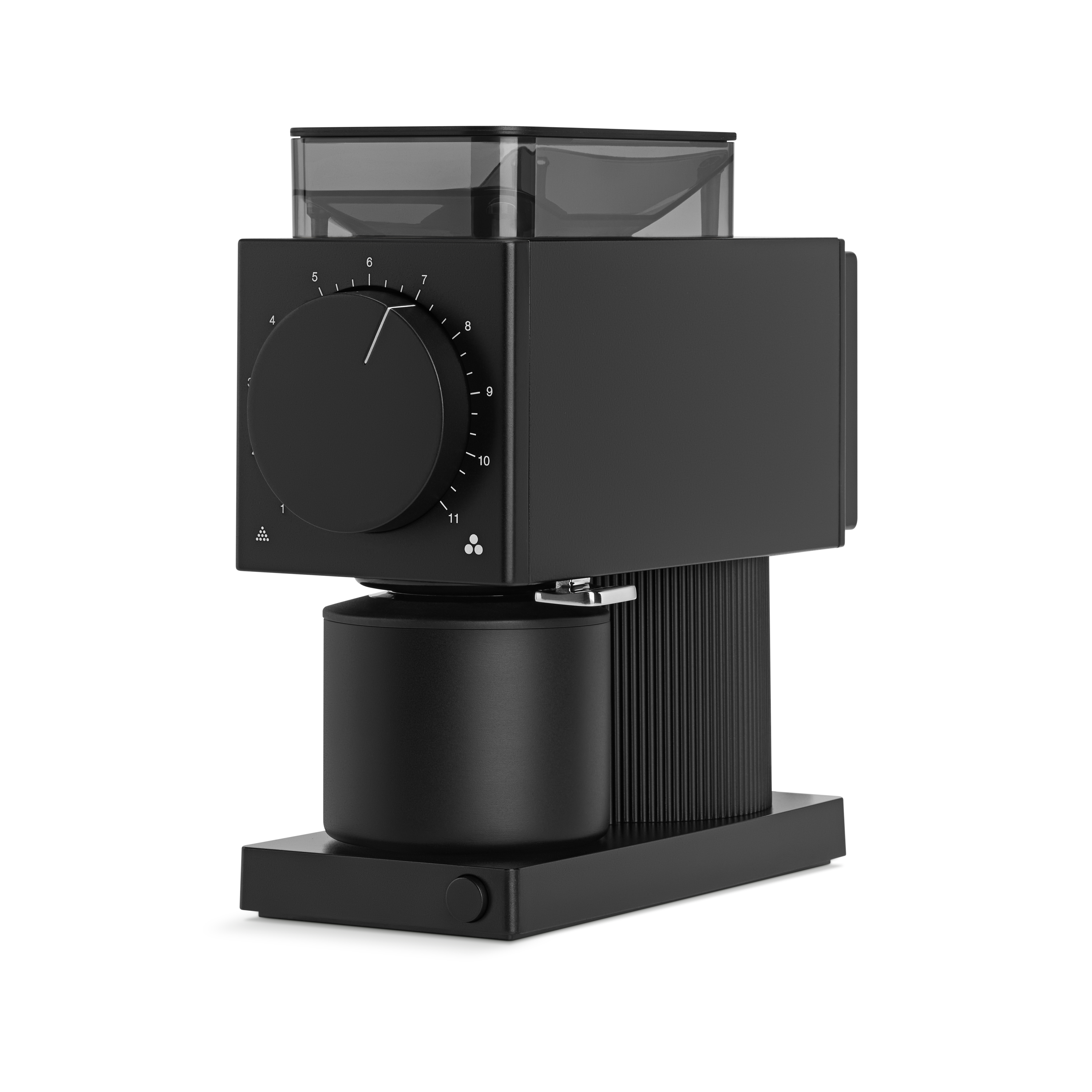 Matte black rectangular coffee grinder with large adjustment dial and clear bean hopper on top.