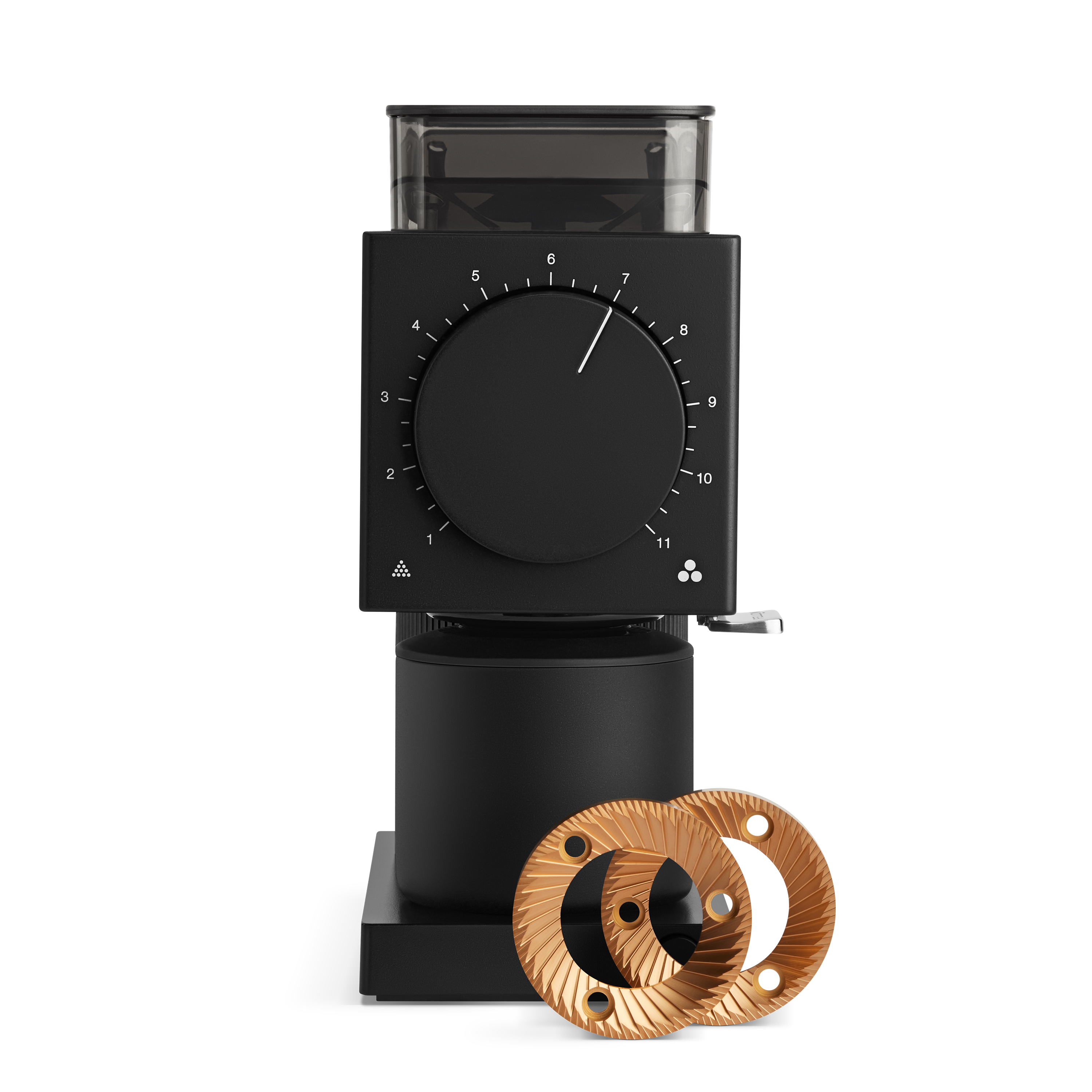 Matte black coffee grinder with large dial, transparent hopper, and two wooden burrs displayed in front.