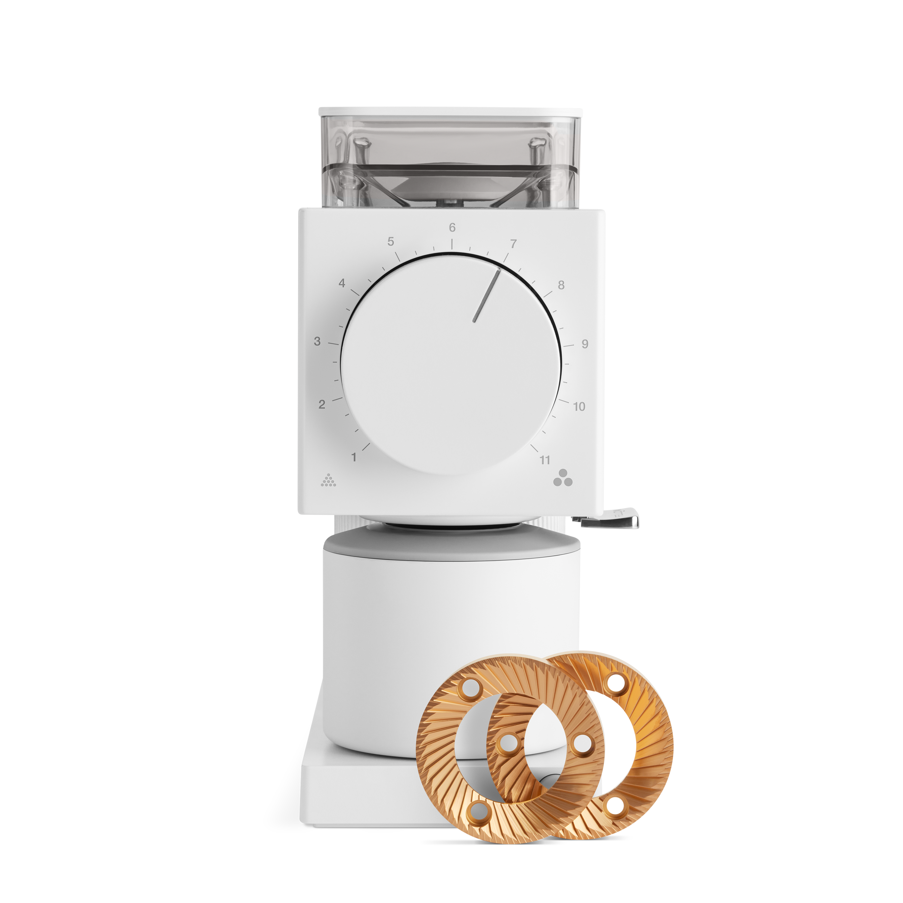 Compact white coffee grinder with large central dial and transparent bean hopper, includes two wooden burr rings.
