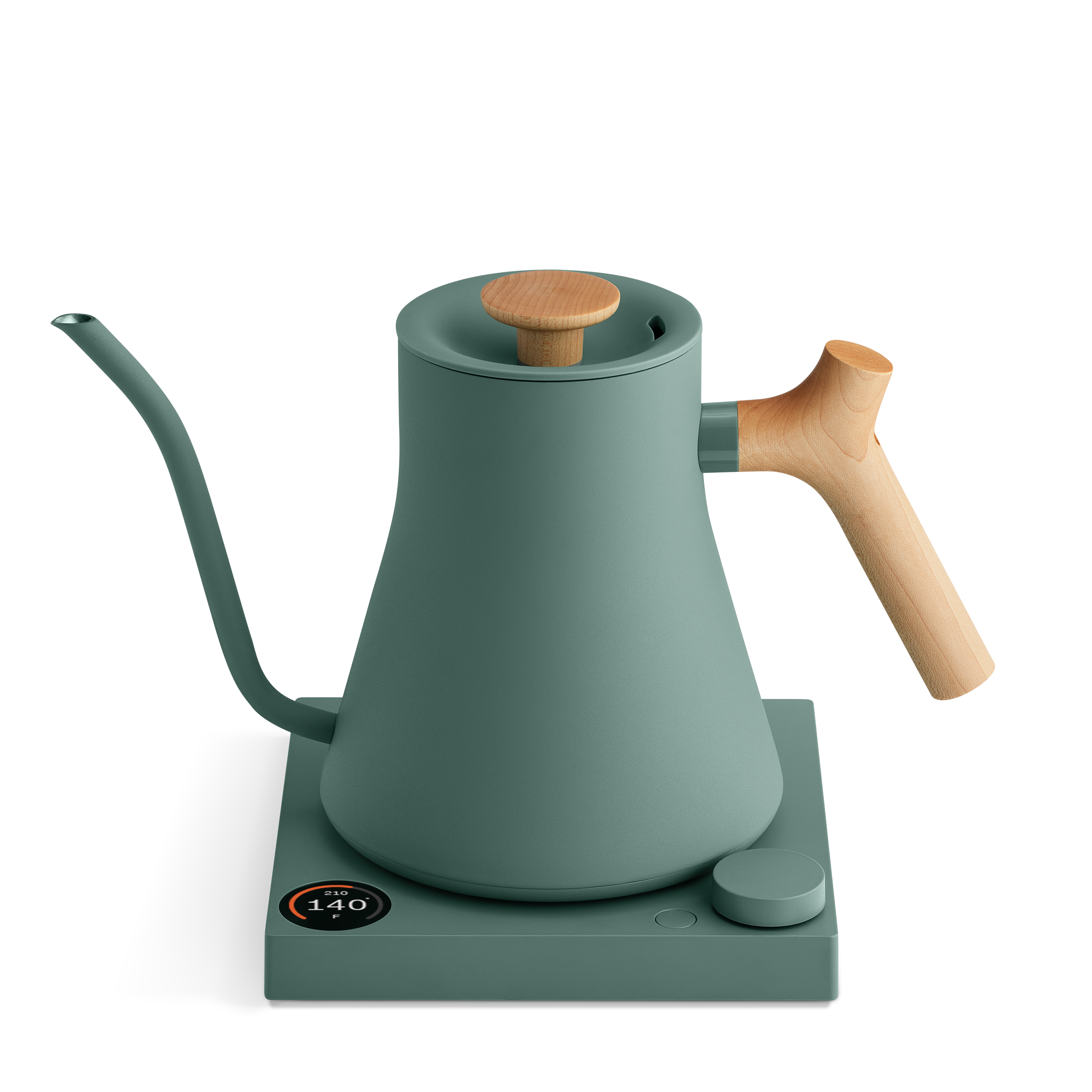 Matte green electric kettle with a wooden handle and knob, gooseneck spout, and square base with digital control knob.