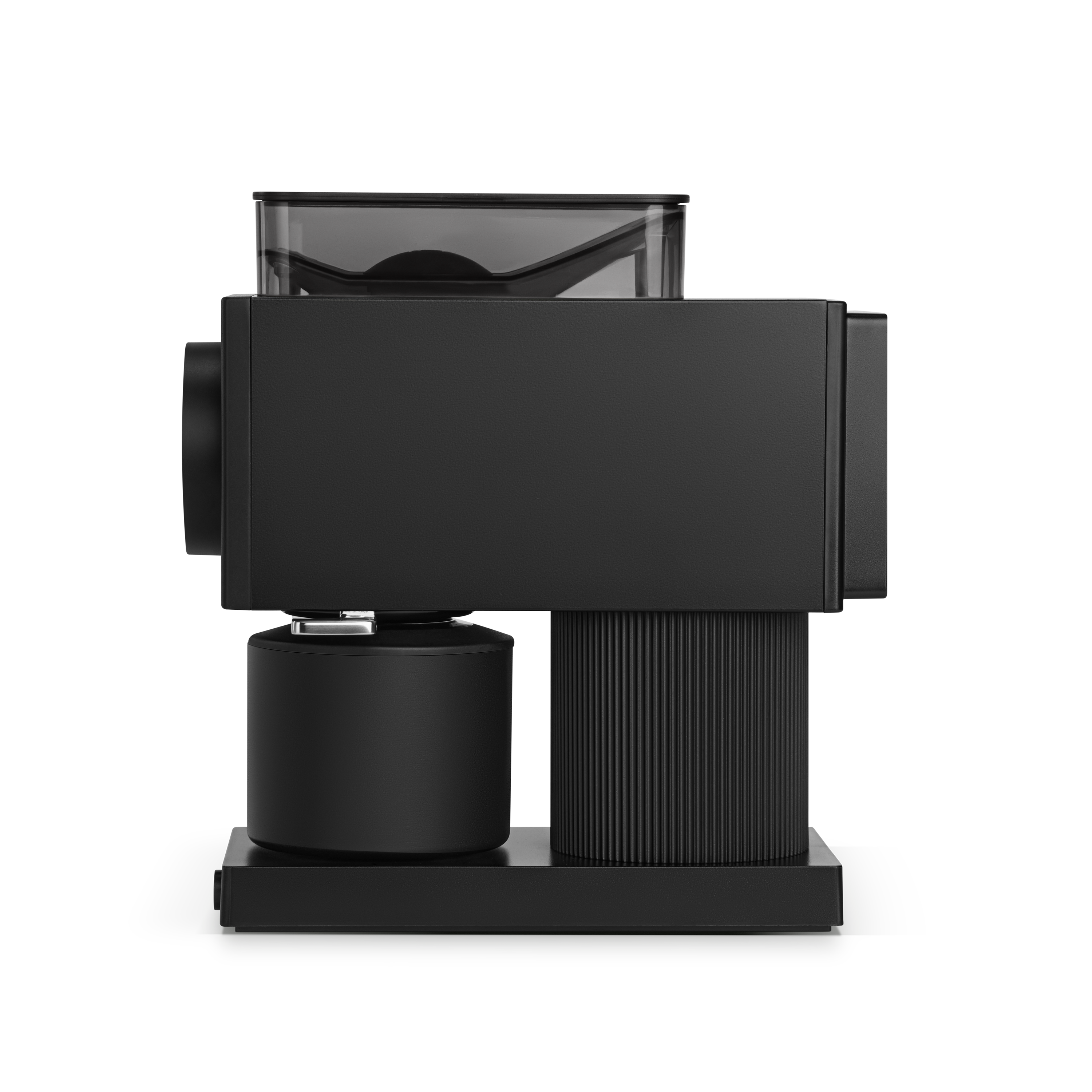 Matte black compact coffee grinder with transparent hopper, cylindrical stainless steel body, and ribbed grip base.