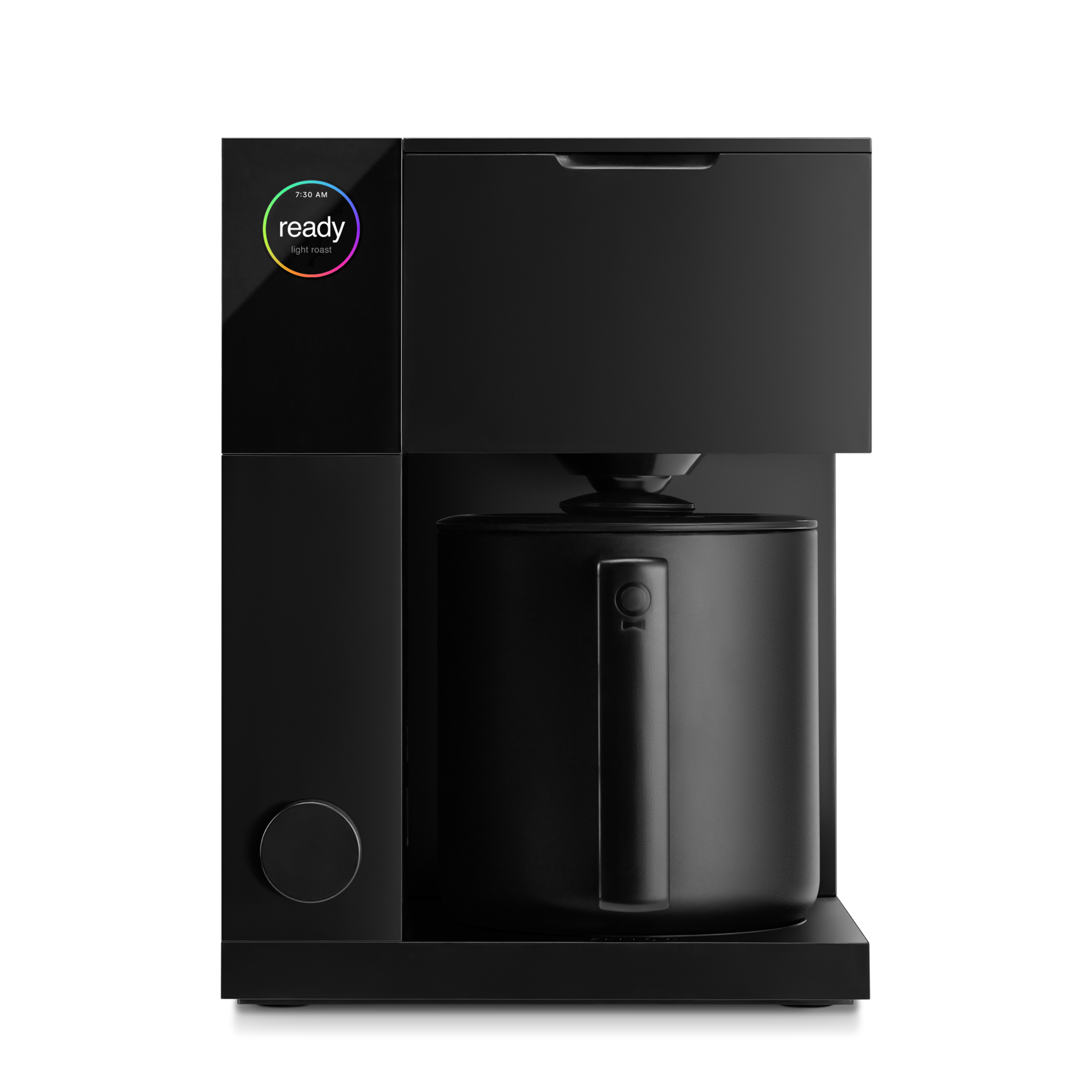 Matte black precision coffee maker with cylindrical carafe and digital touchscreen display on top left.
