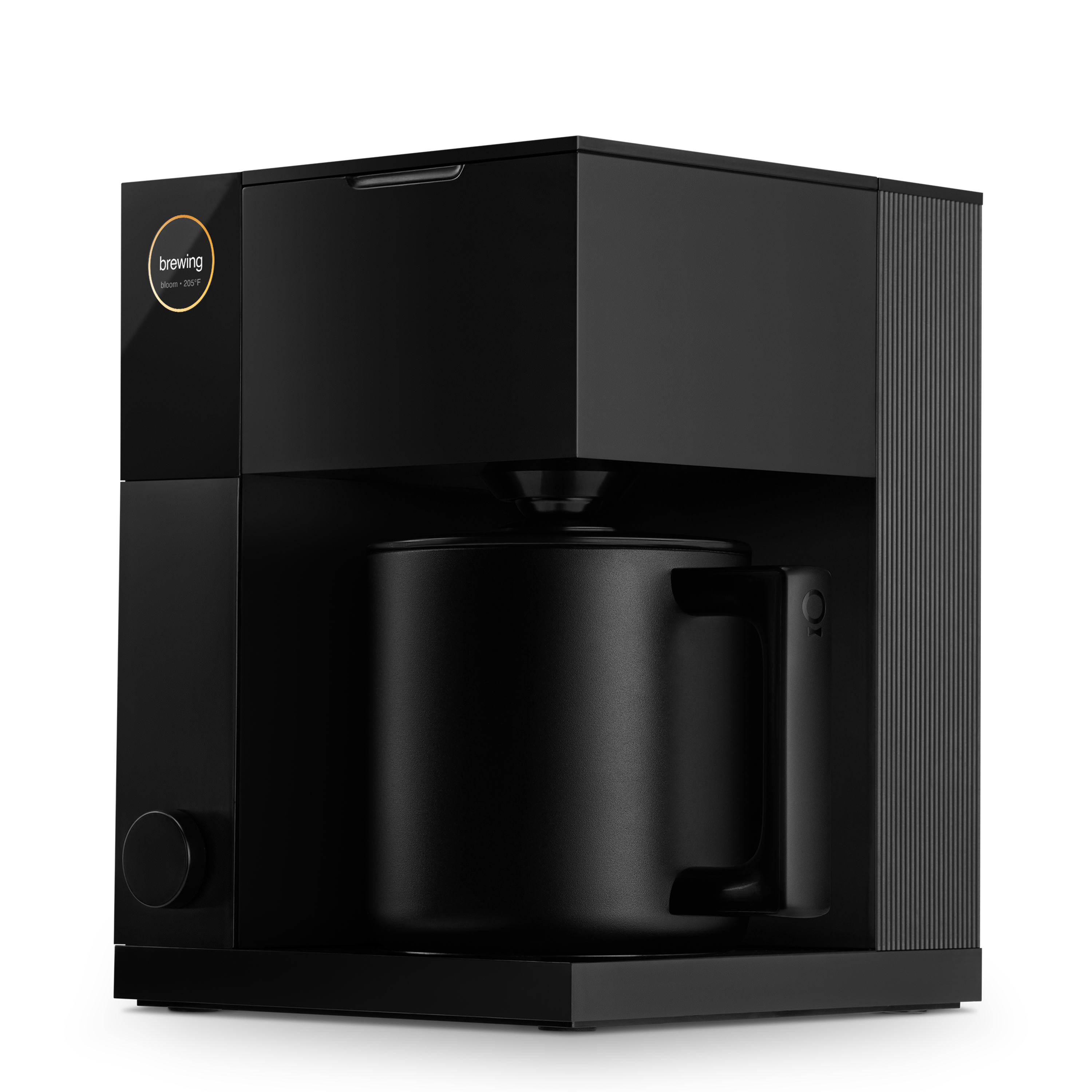 Matte black compact coffee maker with squared design and matching black carafe handle.