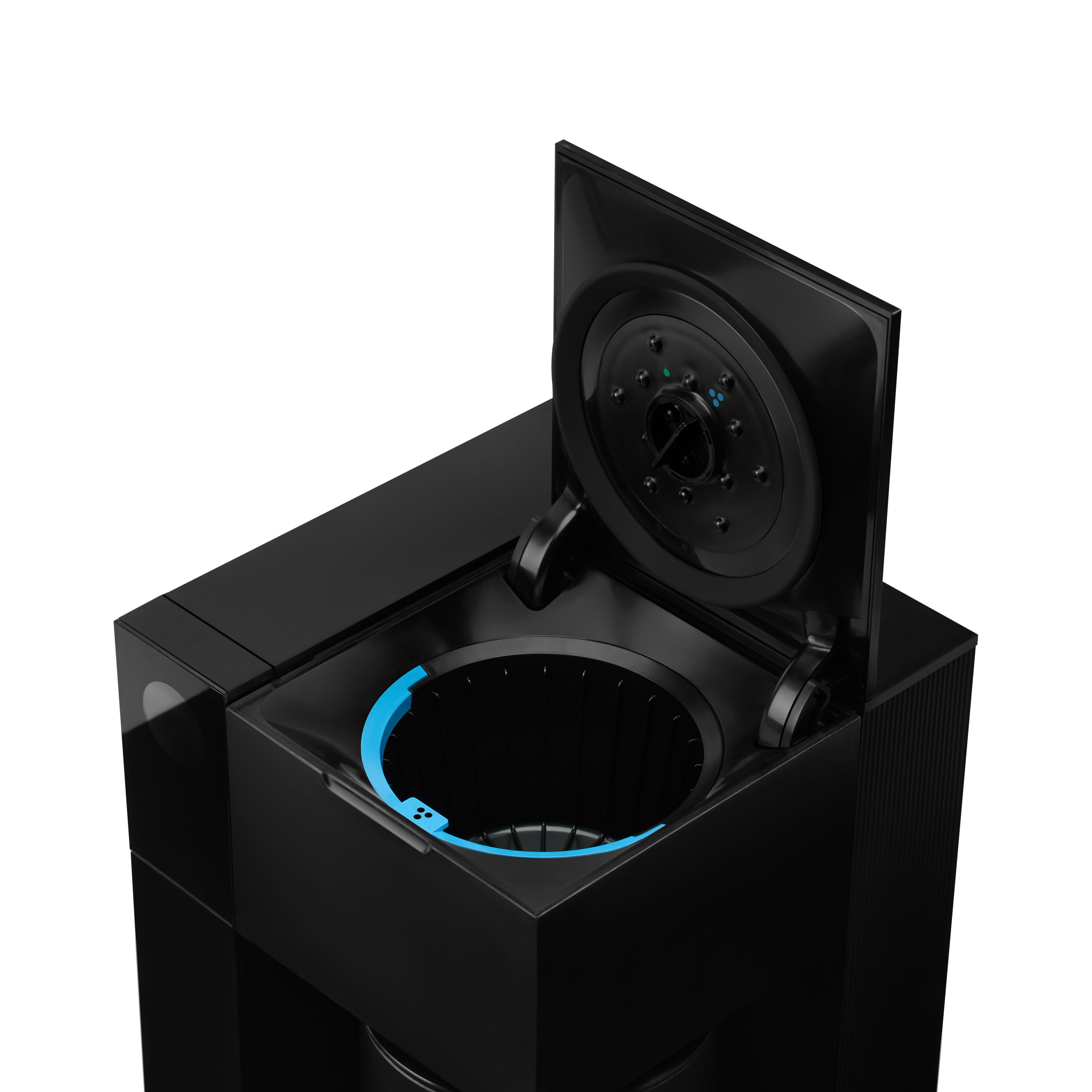 Black cube-shaped coffee maker with hinged lid open, revealing circular blue-accented brewing chamber inside.