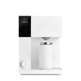 White and black compact Aiden Precision Coffee Maker with a cylindrical container and a touchscreen display panel.