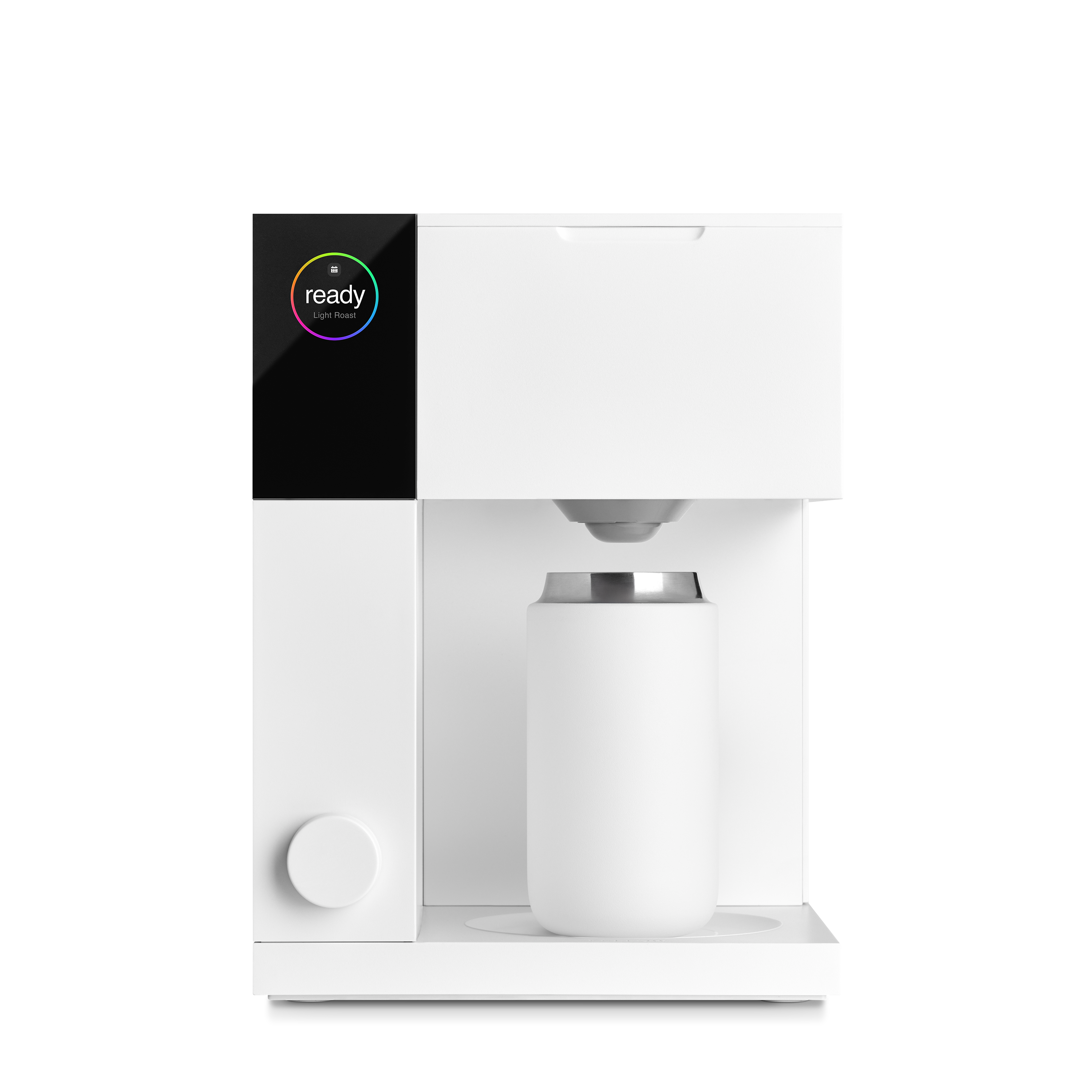White and black compact Aiden Precision Coffee Maker with a cylindrical container and a touchscreen display panel.