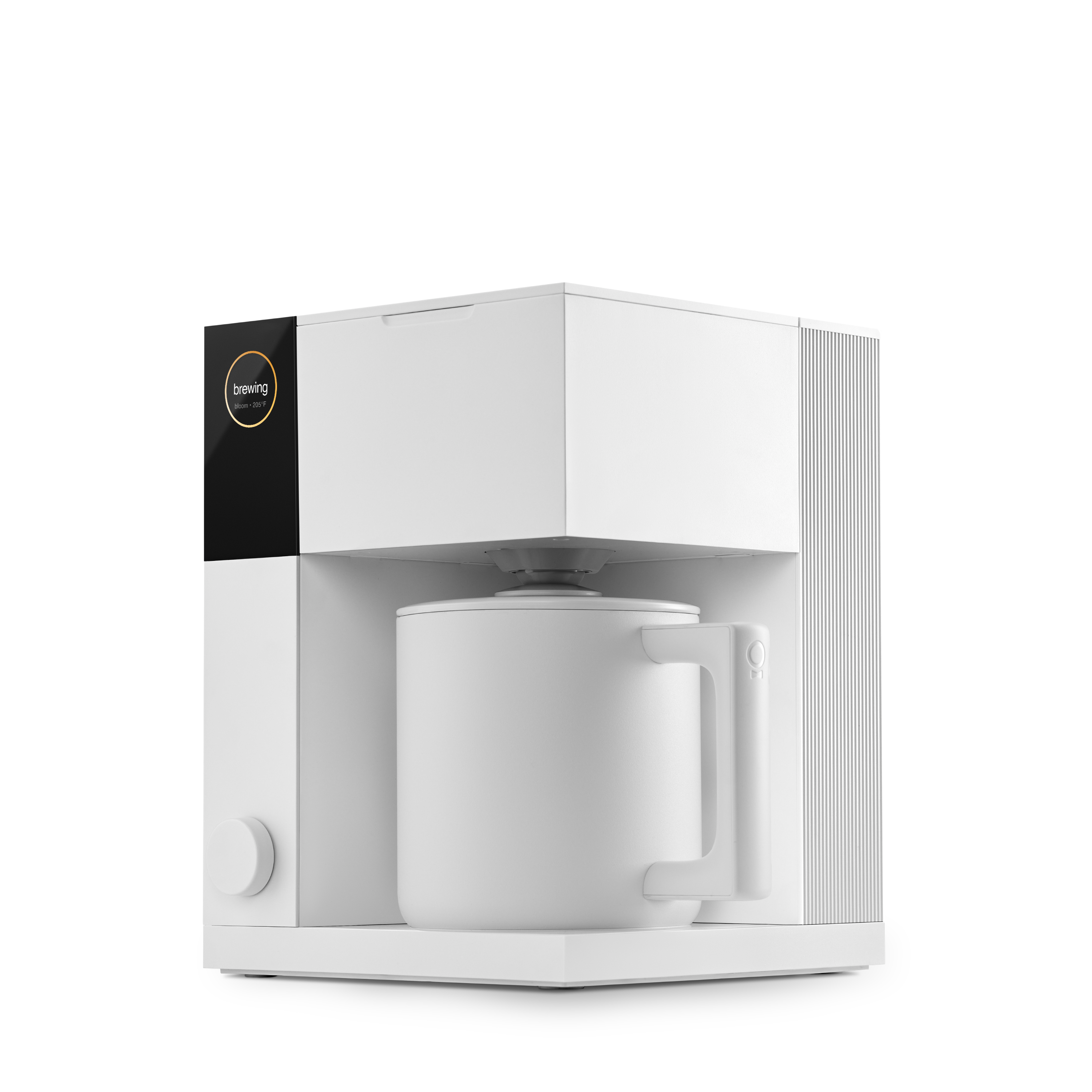 Compact white precision coffee maker with a black control panel and matching white ceramic carafe.
