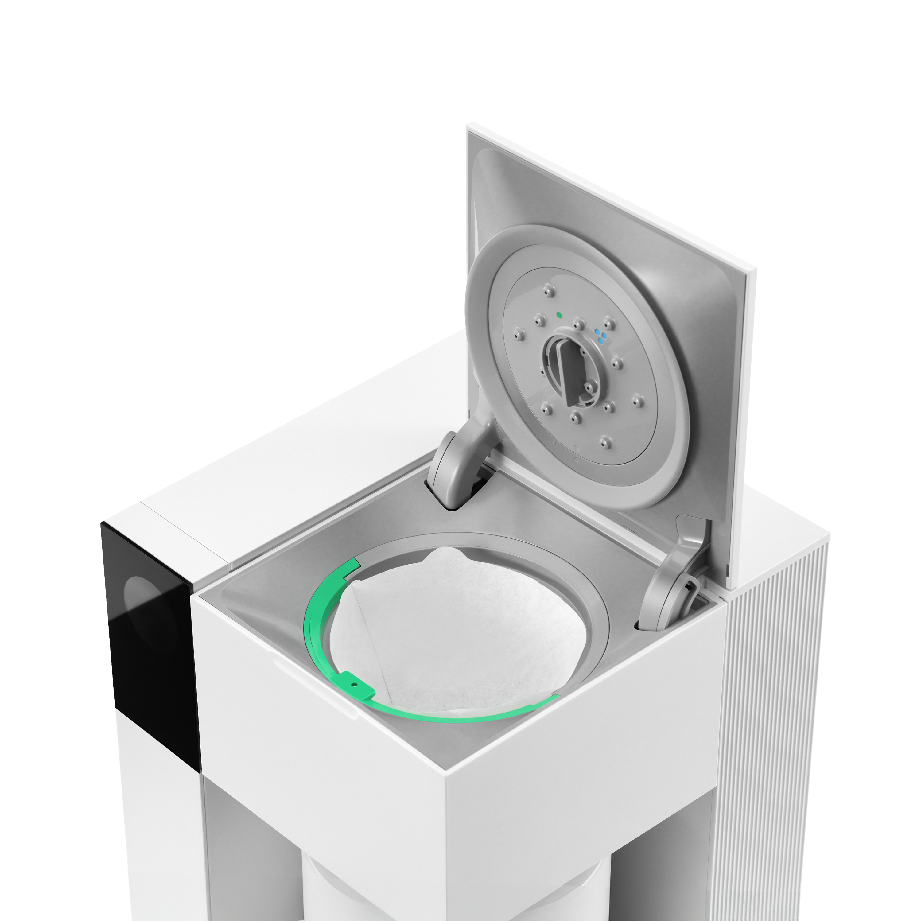 White and stainless steel precision coffee maker with open lid showing circular brewing area and control dial.