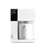 White and black modern precision coffee maker with cylindrical carafe and minimalistic design.