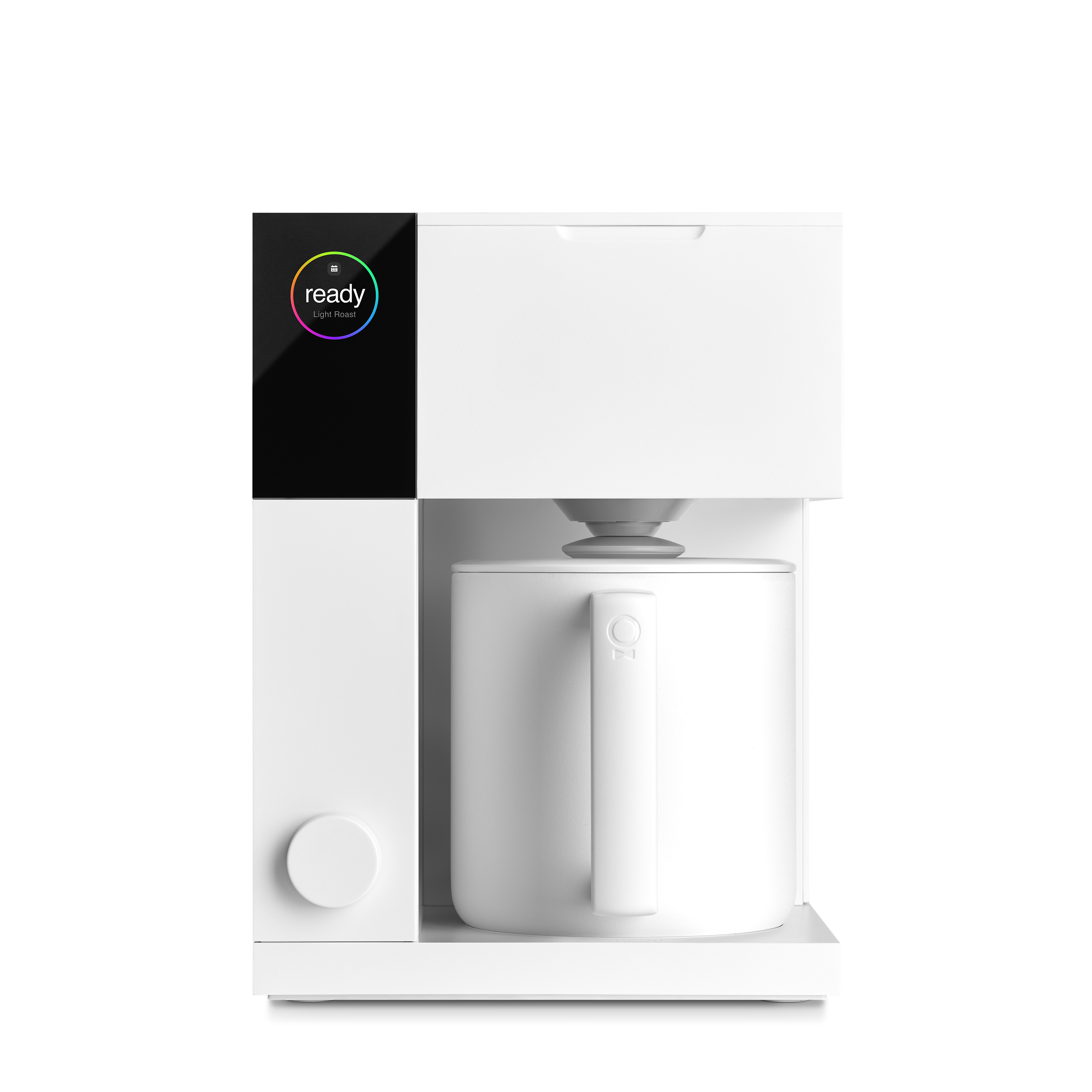 White and black modern precision coffee maker with cylindrical carafe and minimalistic design.
