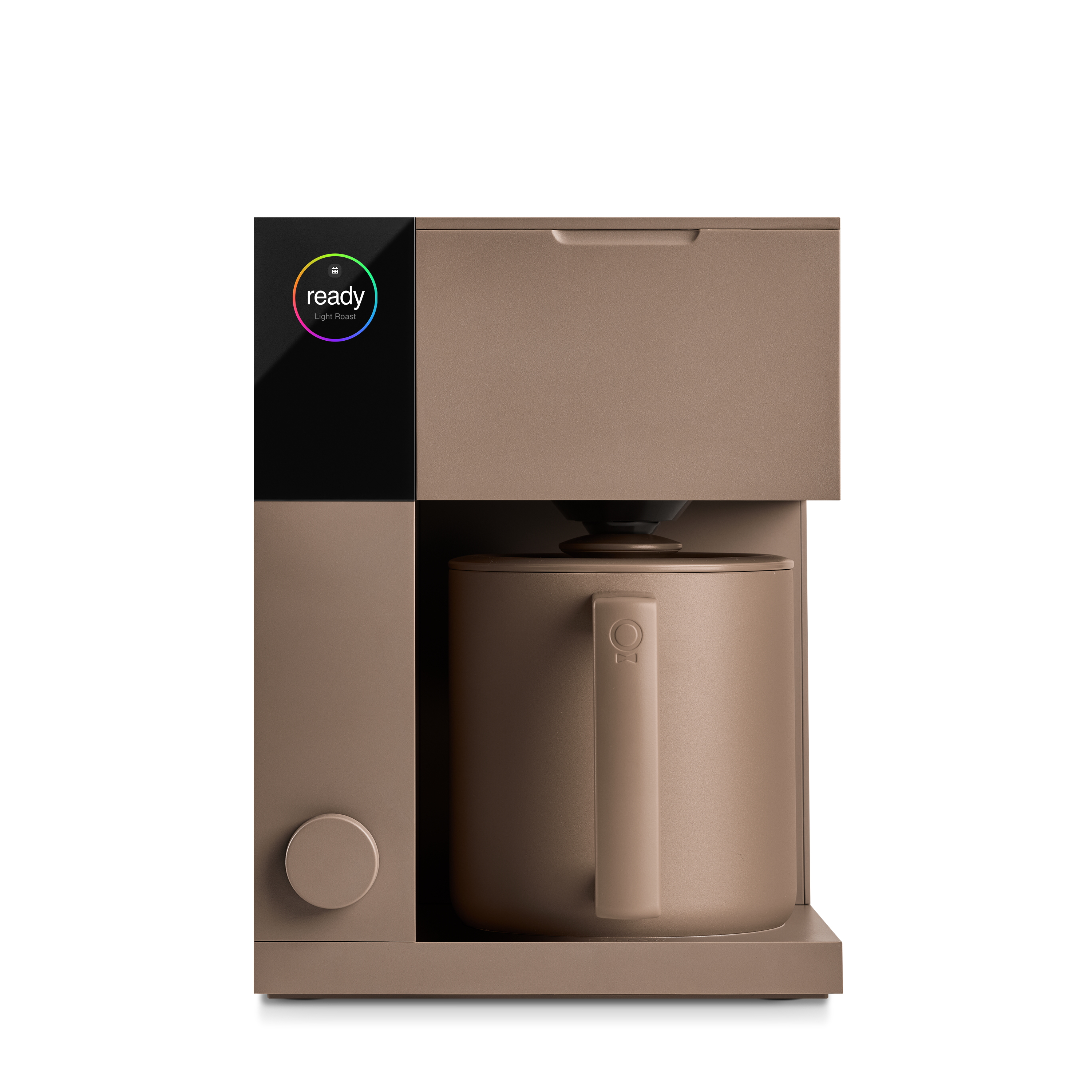 Matte brown compact coffee maker with cylindrical carafe and simple knob control.