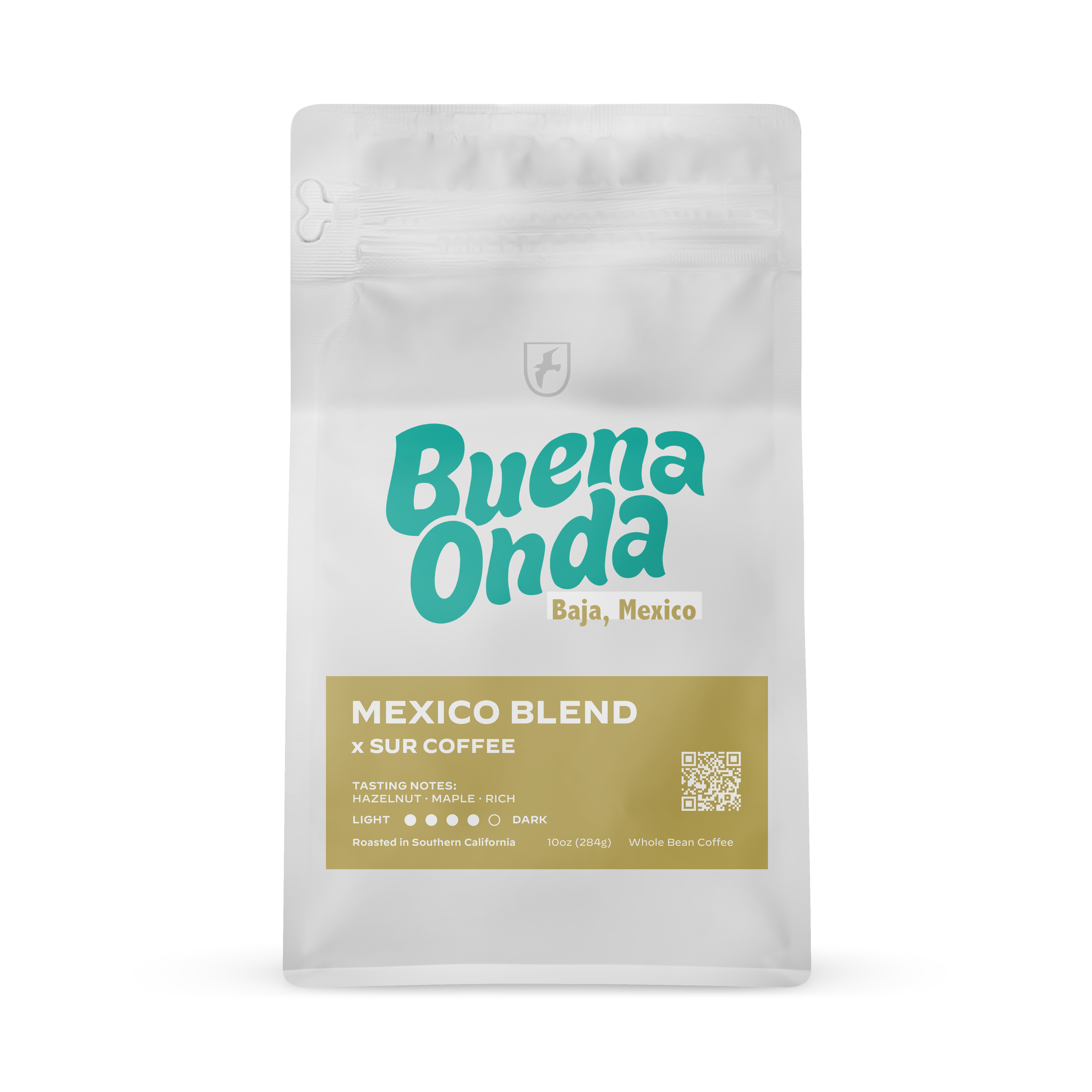 White resealable coffee bag with turquoise "Buena Onda" logo and gold label reading "Mexico Blend x Sur Coffee".