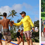 Three-panel collage showing beach volleyball scenes with players in casual sportswear, sandy courts, palm trees, and event.