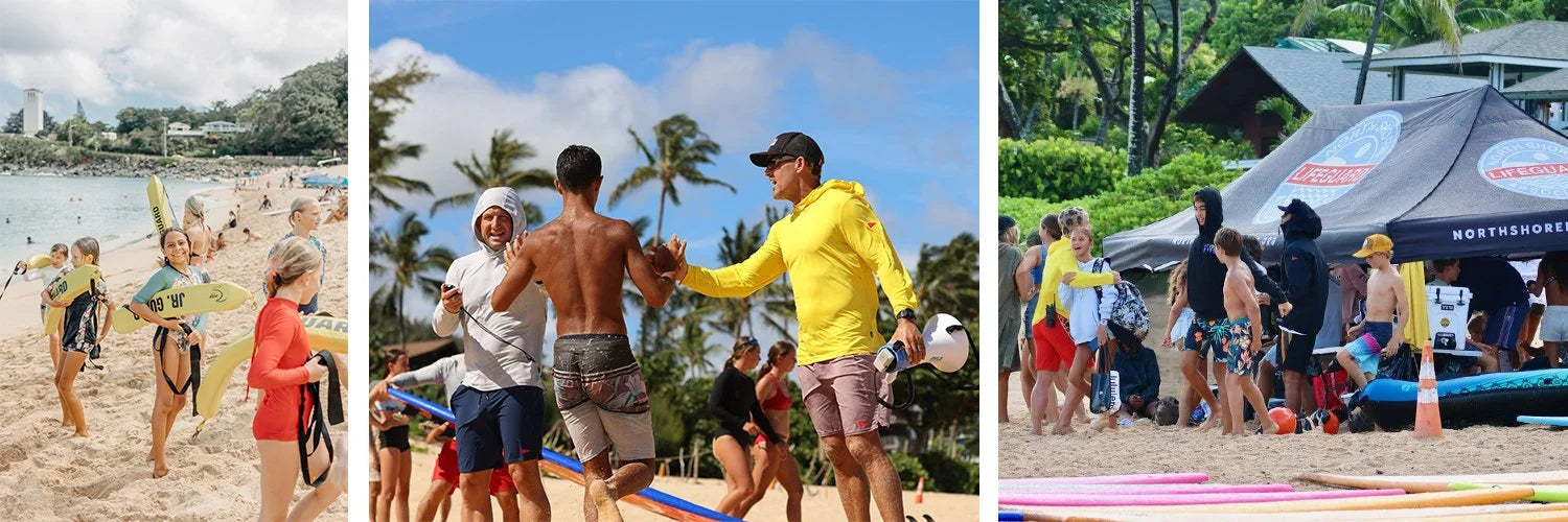 Three-panel collage showing beach volleyball scenes with players in casual sportswear, sandy courts, palm trees, and event.
