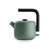 Matte green cylindrical electric kettle with a black curved handle and spout, compact design.