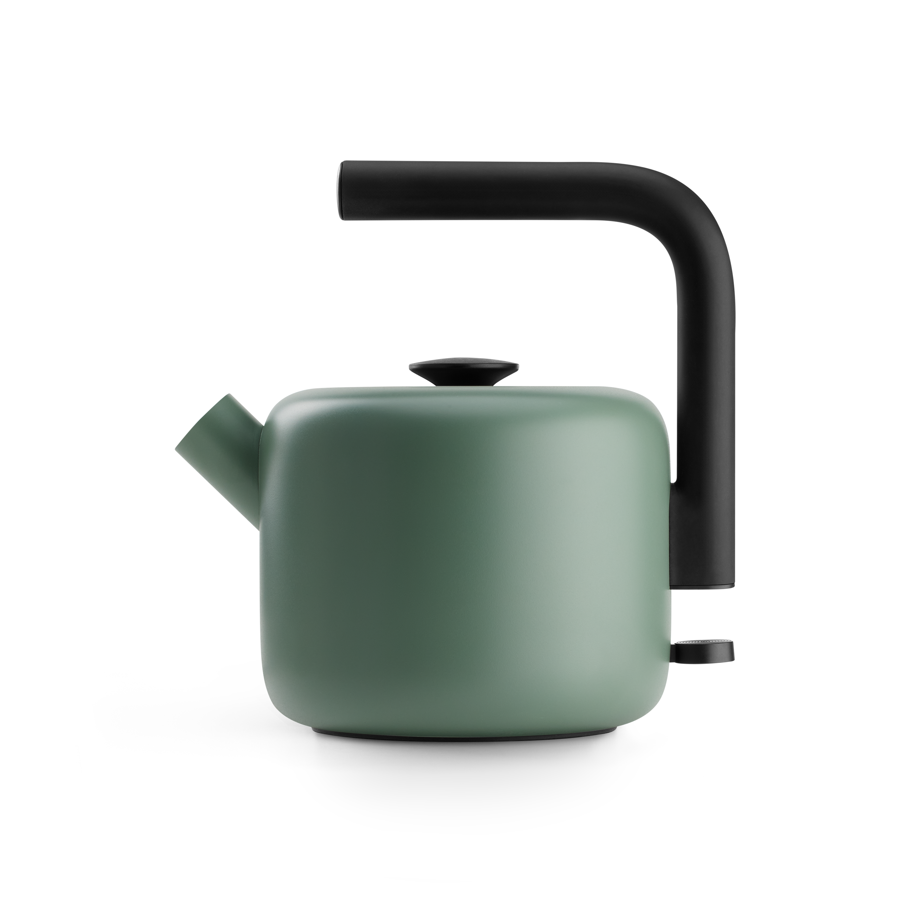 Matte green cylindrical electric kettle with a black curved handle and spout, compact design.