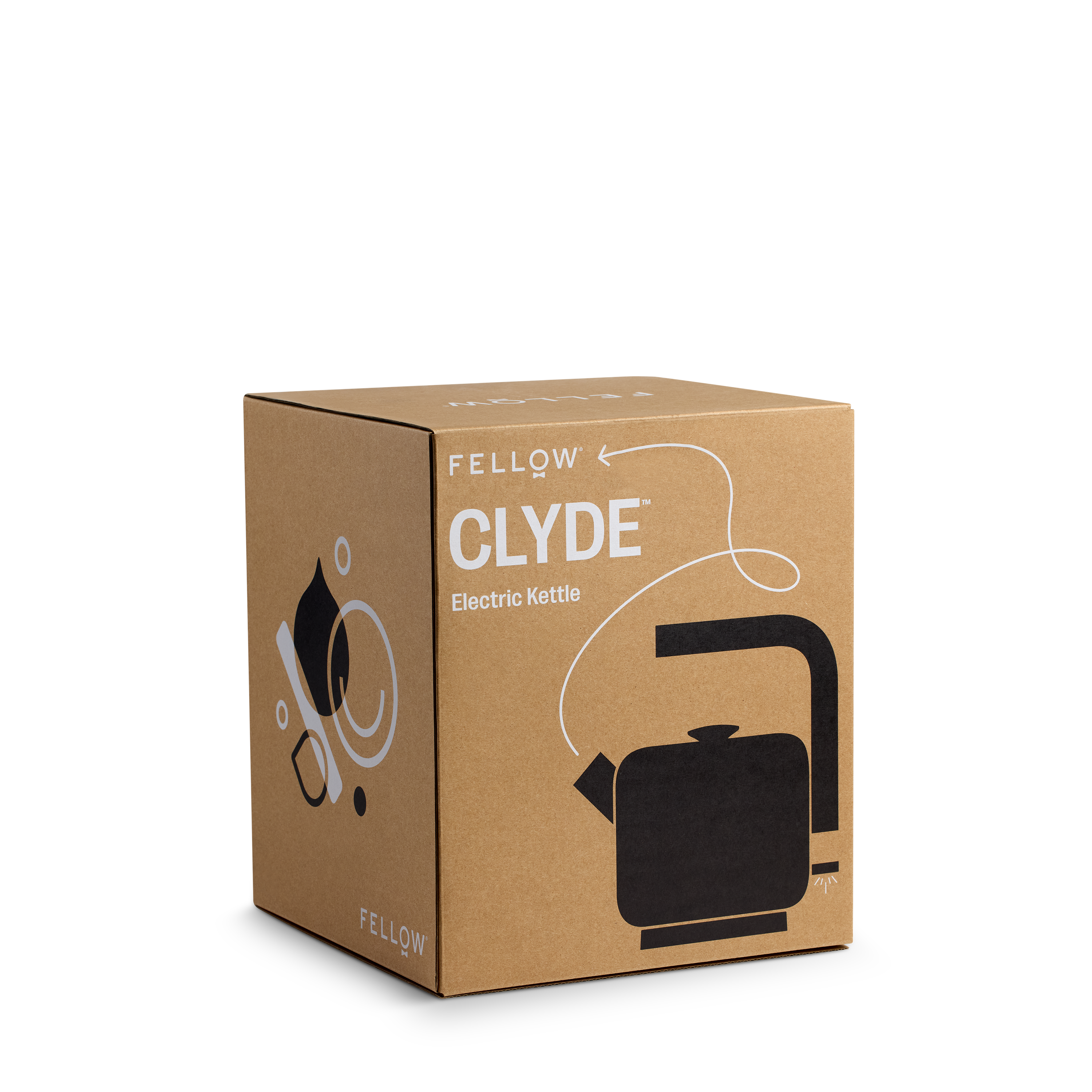 Brown cardboard box featuring black and white graphics of Clyde electric kettle and its cord.