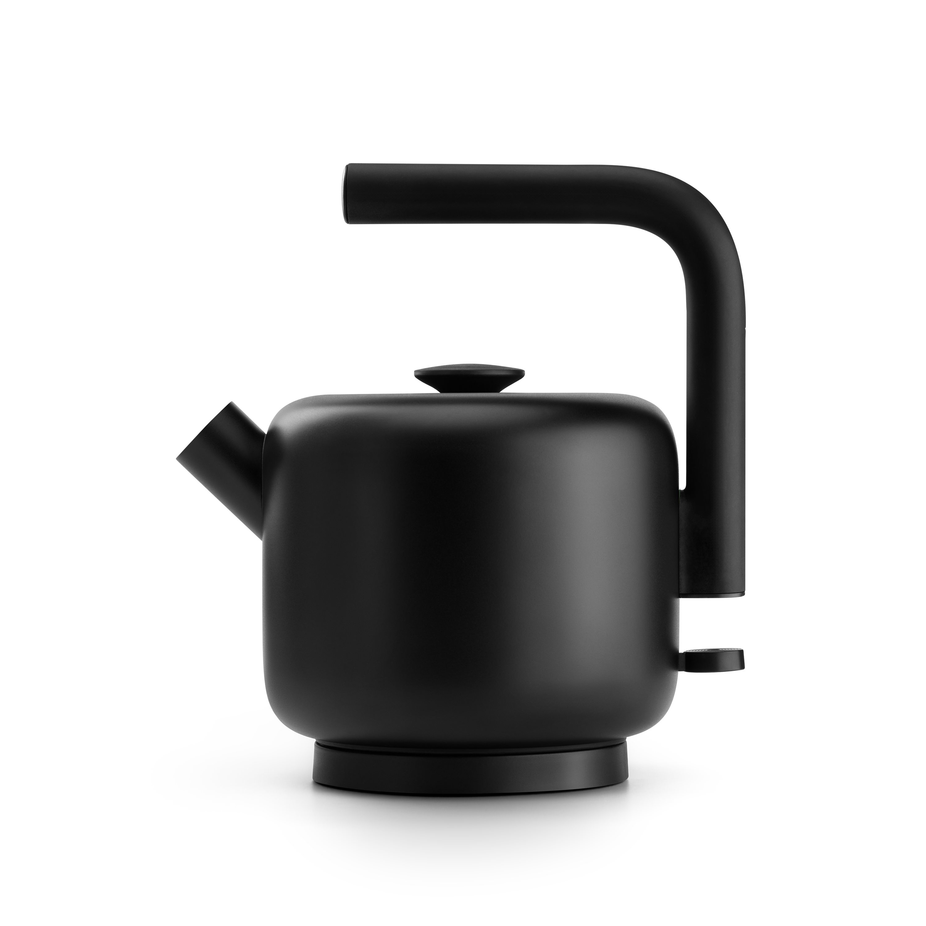 Matte black electric kettle with a cylindrical body and large angled handle.
