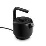 Matte black electric kettle with a cylindrical body, curved spout, and round lid knob.