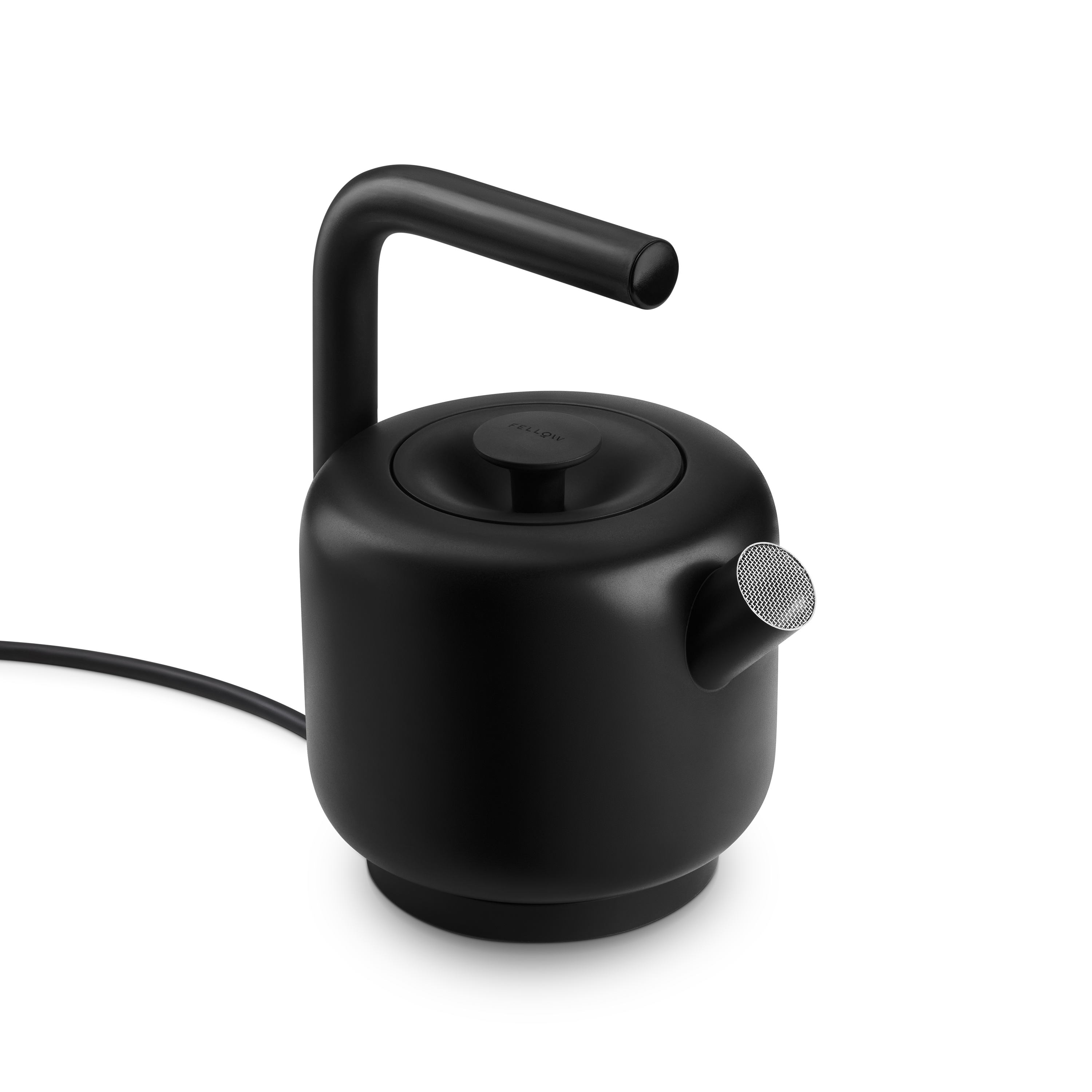 Matte black electric kettle with a cylindrical body, curved spout, and round lid knob.