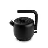 Matte black electric kettle with cylindrical body, L-shaped handle, and short spout.
