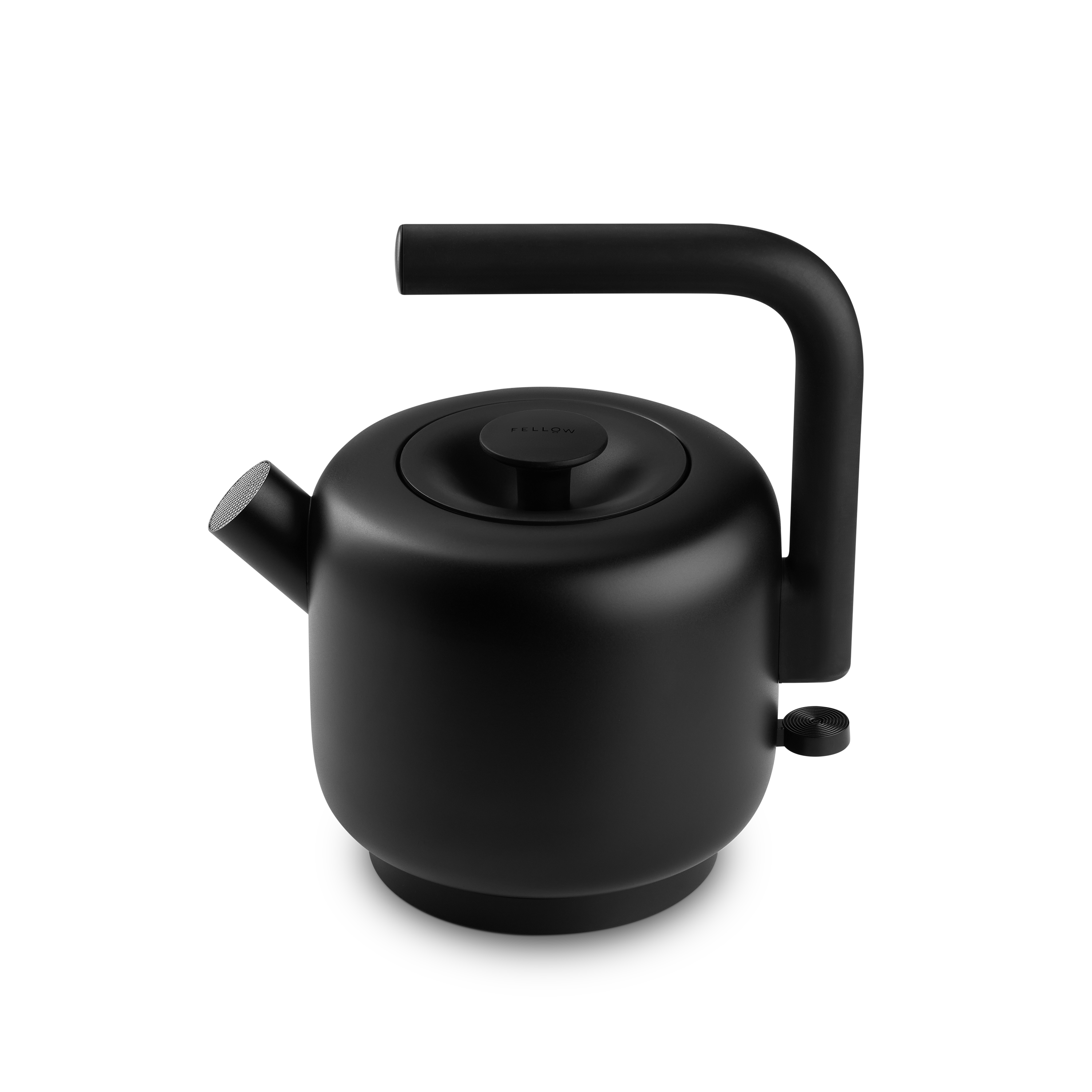 Matte black electric kettle with cylindrical body, L-shaped handle, and short spout.