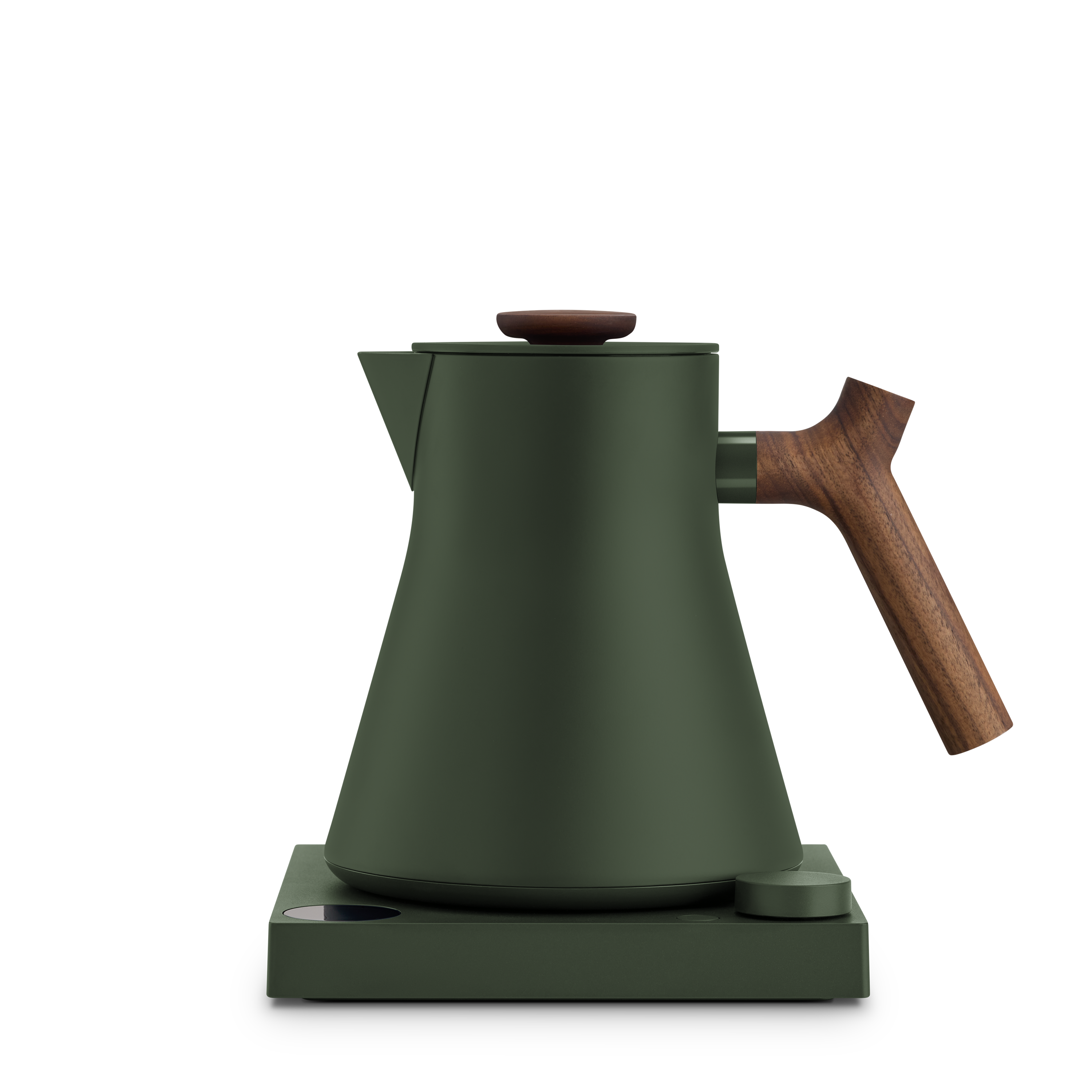 Matte forest green electric kettle with wooden handle and knob, conical shape on square base.