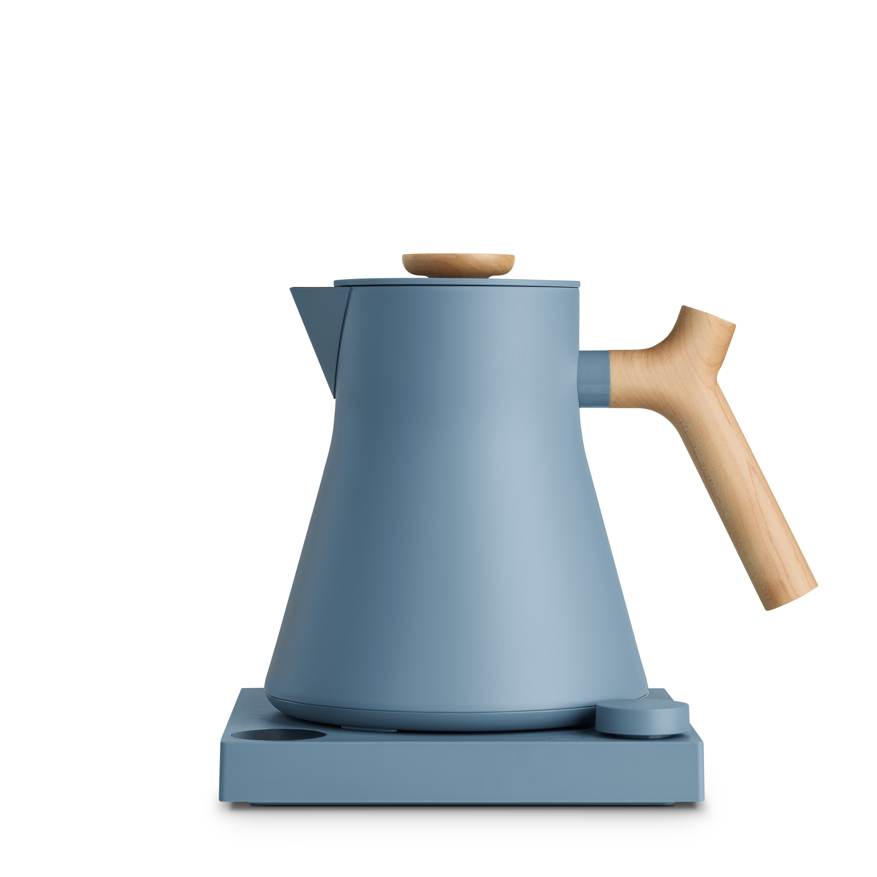 Matte blue electric kettle with a conical body, wooden handle and lid knob on a square base.