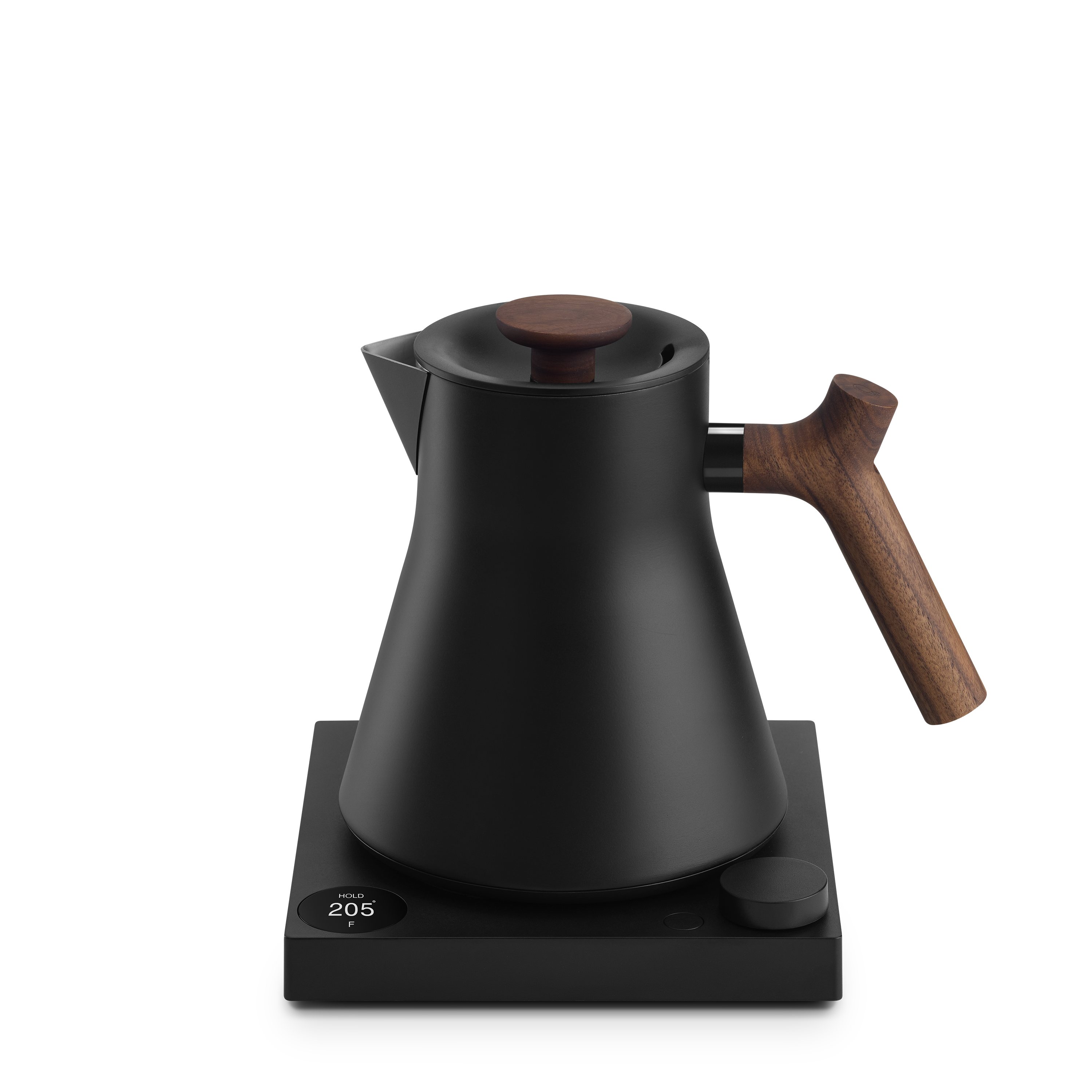 Matte black electric kettle with wooden handle and lid knob, sitting on a black base with digital display.