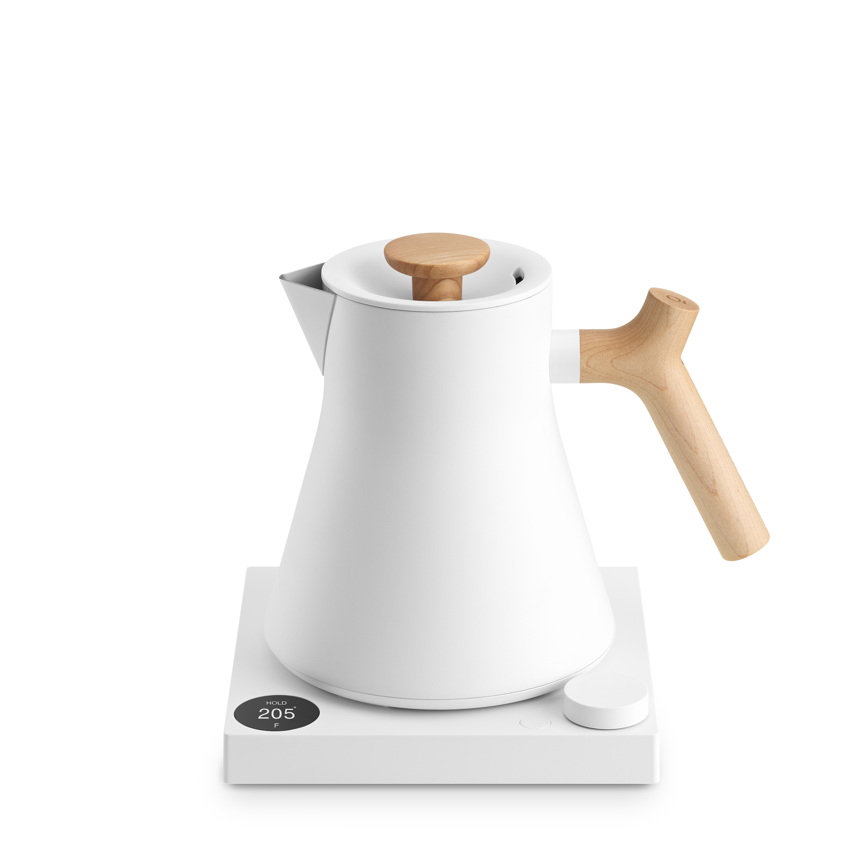 White electric kettle with a conical stainless steel body, wooden handle and knob, placed on a white digital base with.
