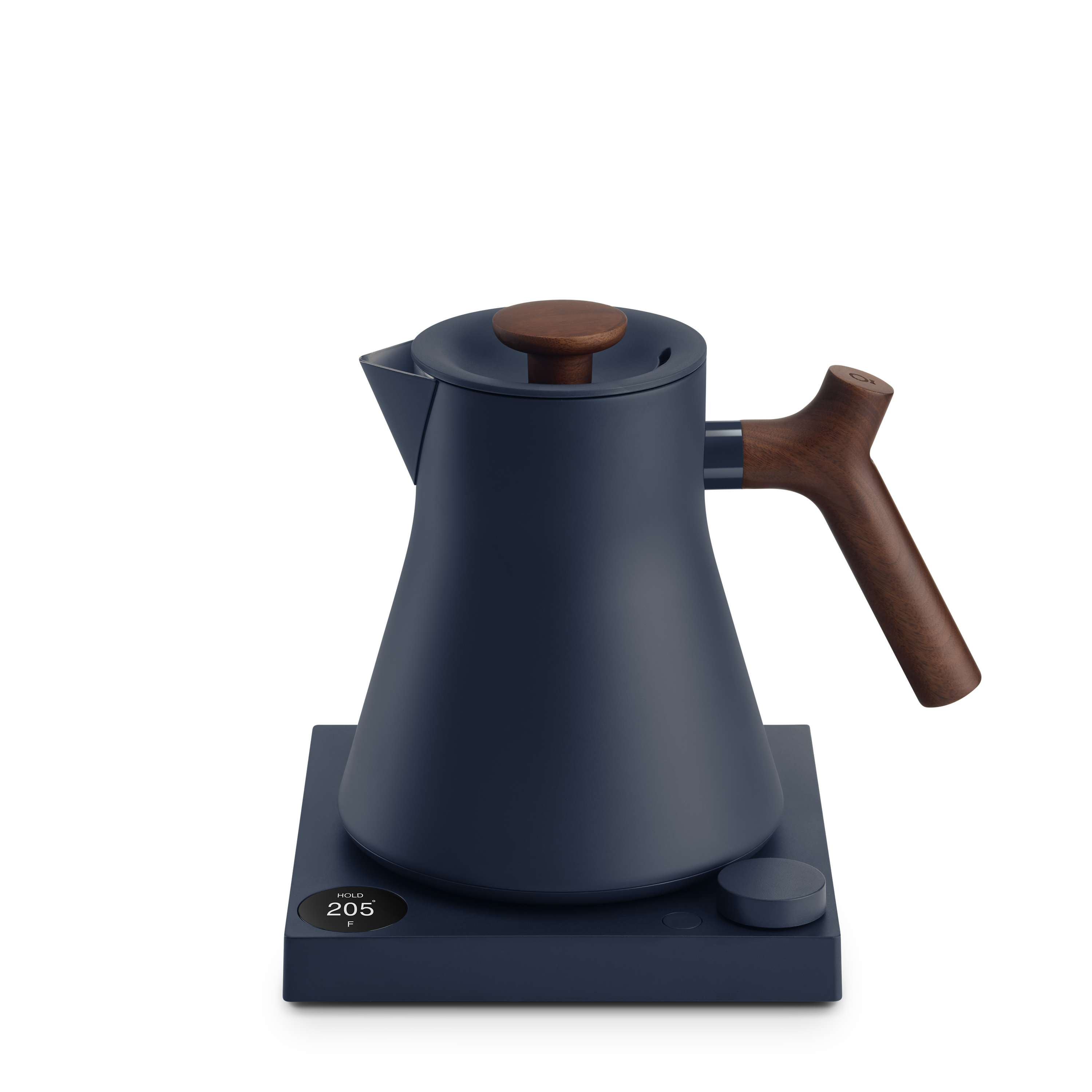 Matte navy blue electric kettle with wooden handle and lid knob on a square base with digital temperature display.