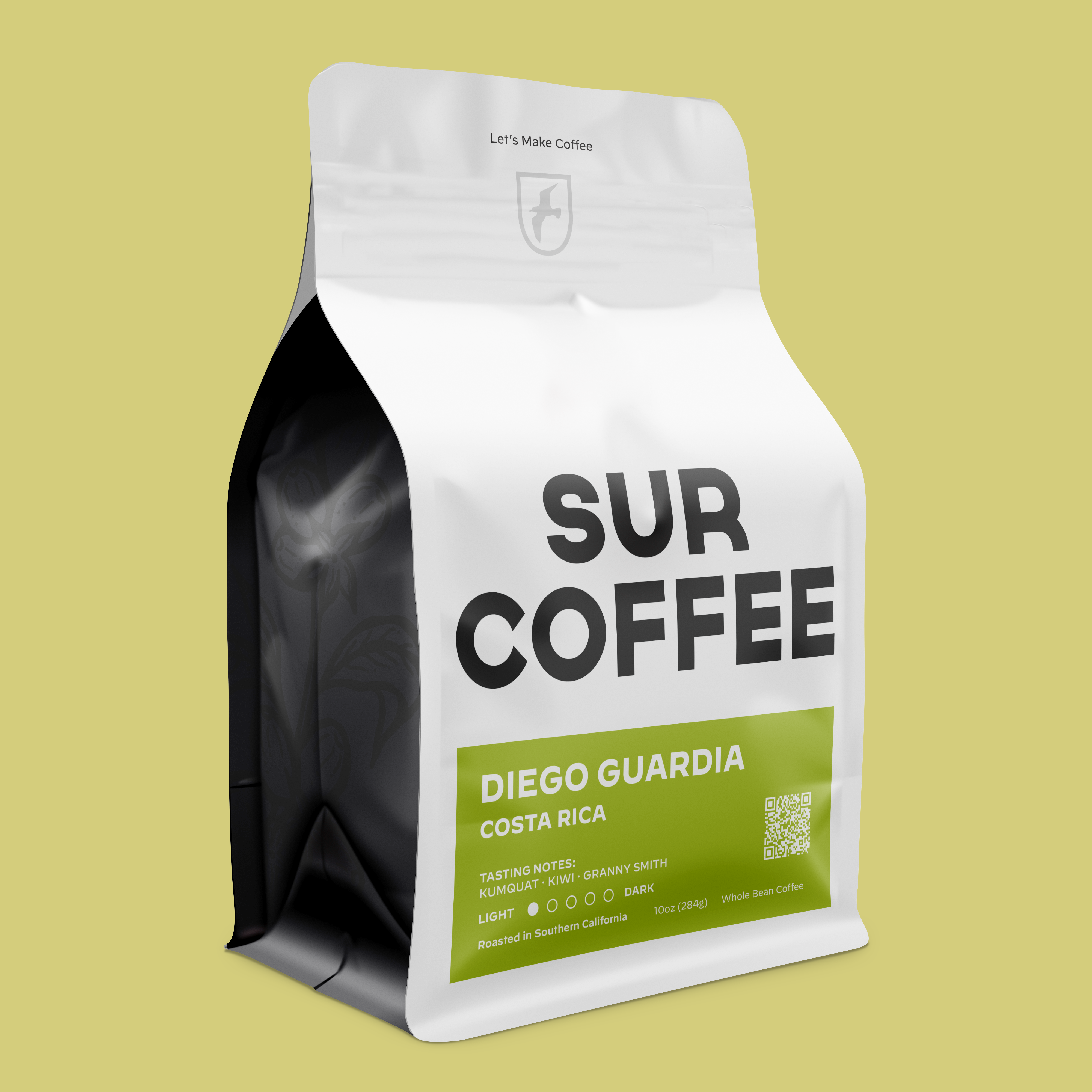 White and black SUB COFFEE bag with green label reading Diego Guardia Costa Rica and whole bean coffee details.