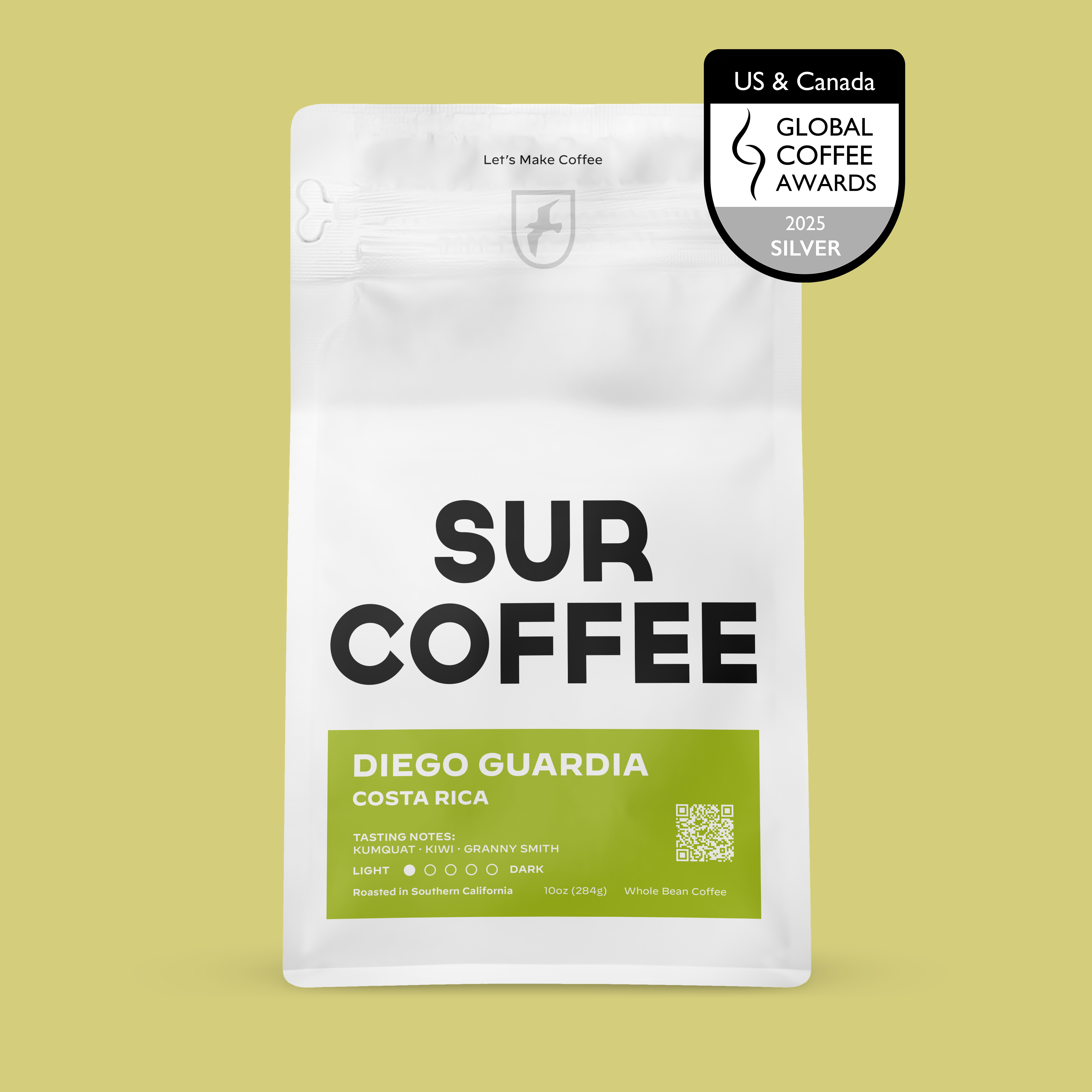 White matte coffee bag with green label reading Diego Guardia Costa Rica, Sur Coffee logo in bold black text, Global Coffee.