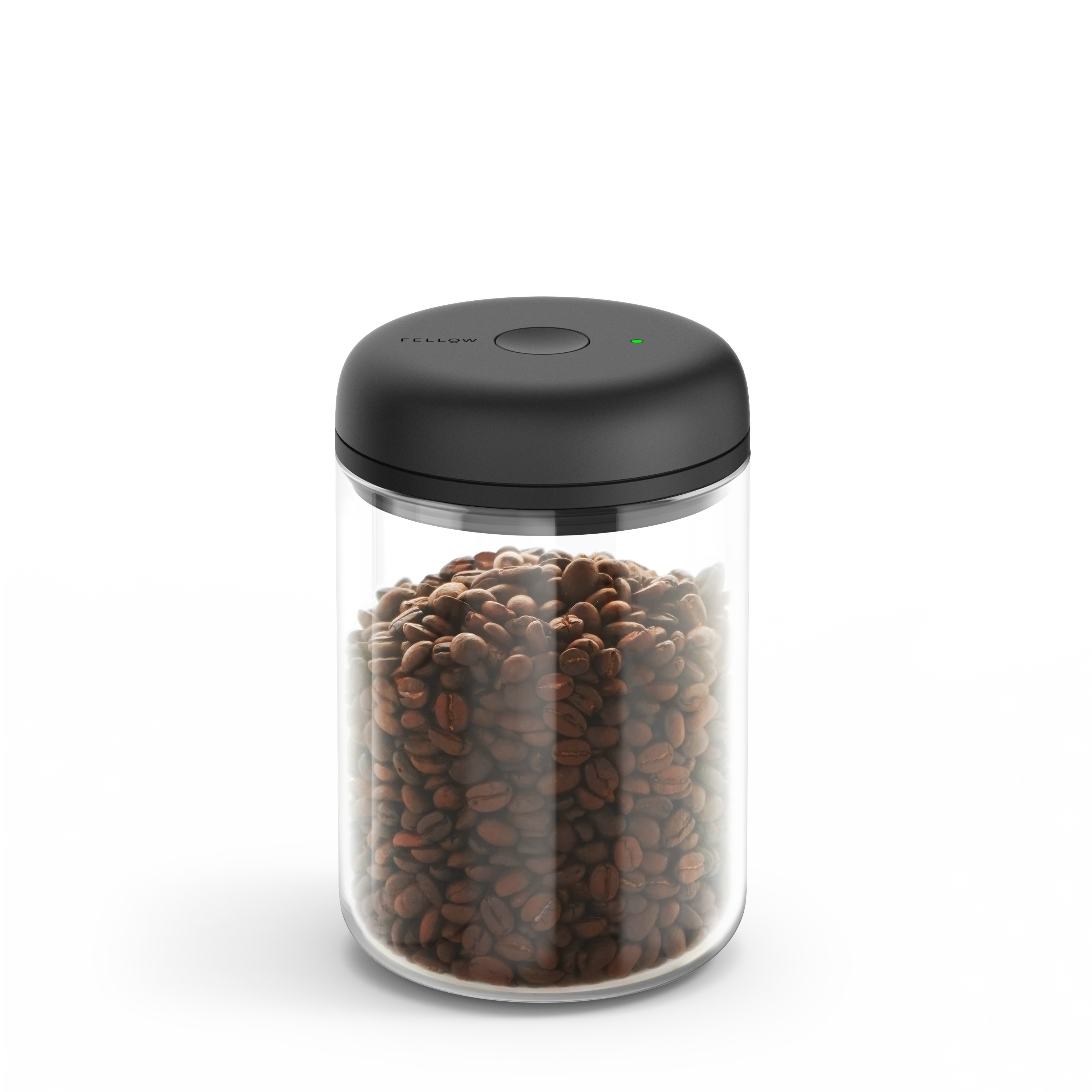 Clear cylindrical glass canister with black electric vacuum-sealed lid filled with coffee beans.