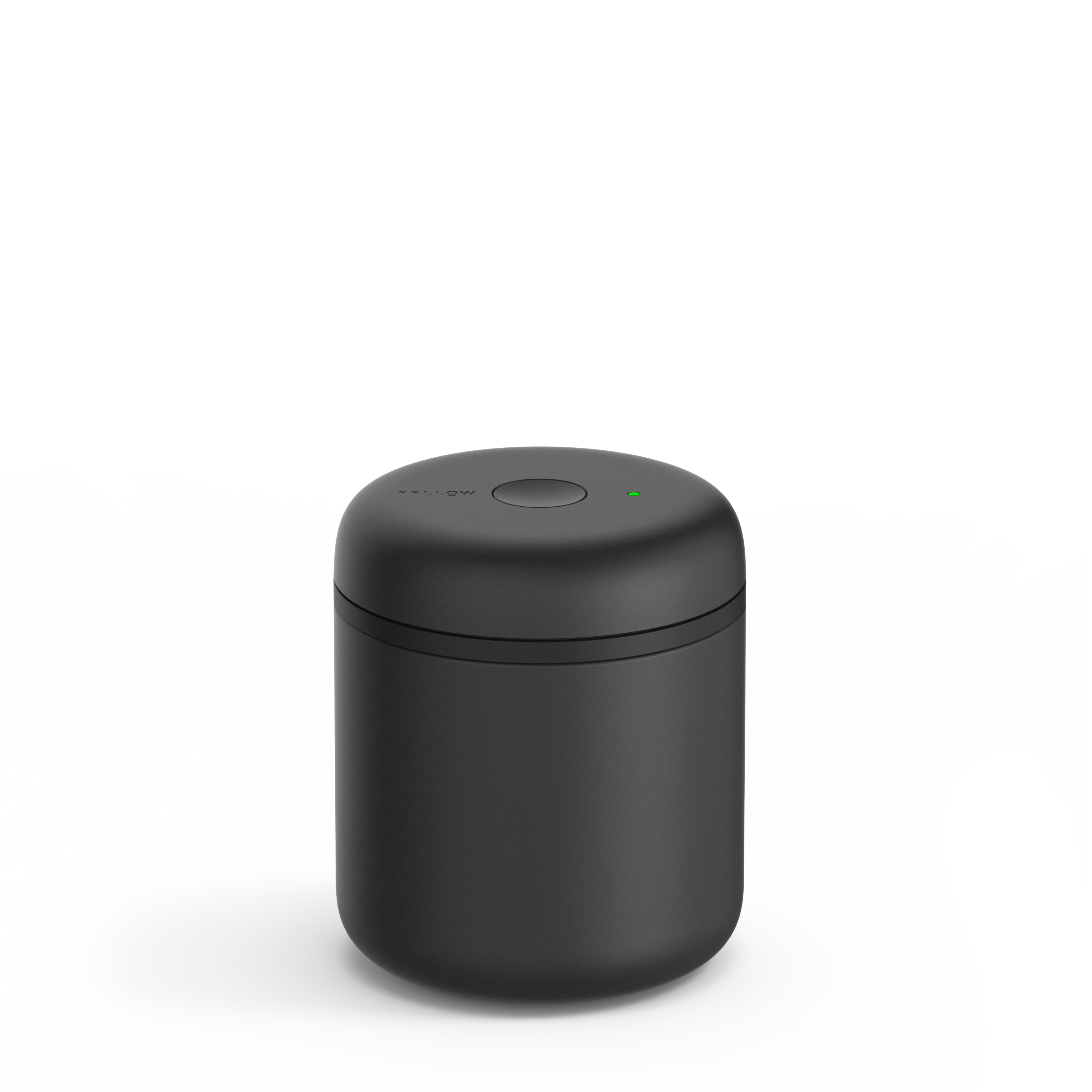 Matte black cylindrical electric vacuum canister with a smooth finish and compact design.
