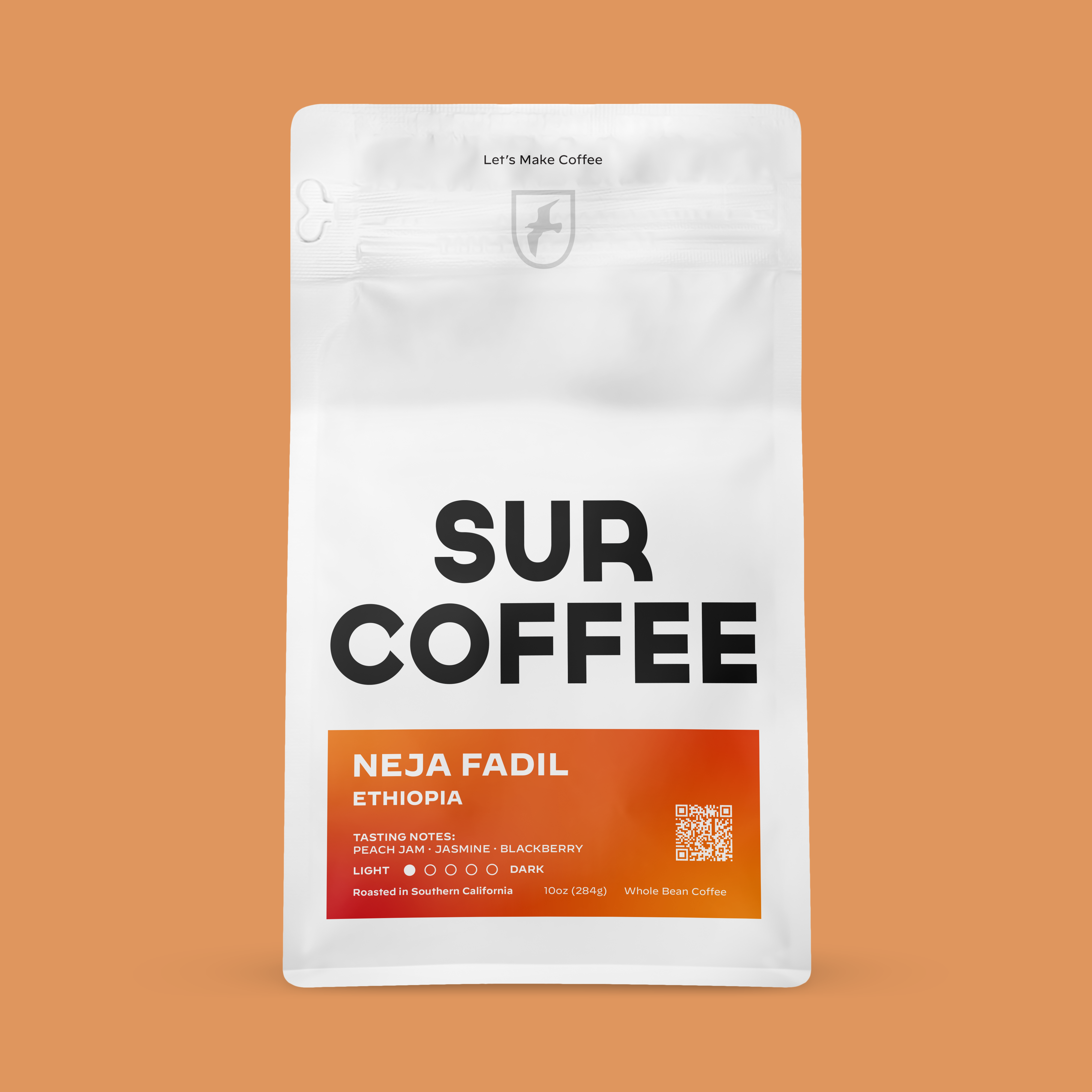 White 5lb bag of Sur Coffee Neja Fadil Ethiopia whole bean coffee with black and orange label.