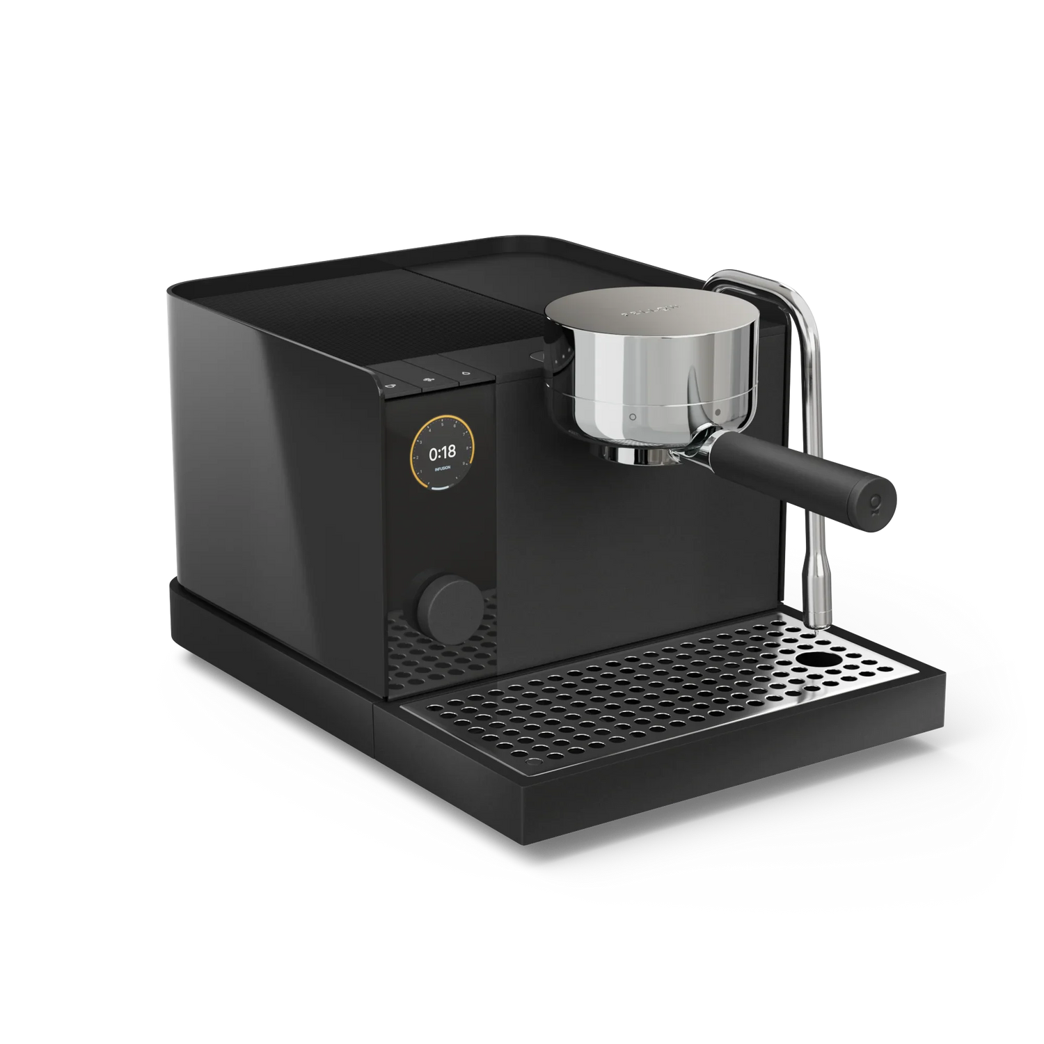 Matte black espresso machine with digital display, circular control dial, and metal portafilter on drip tray.
