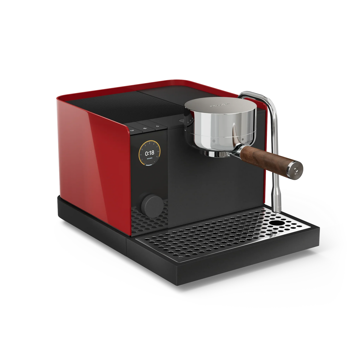 Compact espresso machine with glossy red sides, black front, digital display, and wooden-handled portafilter.